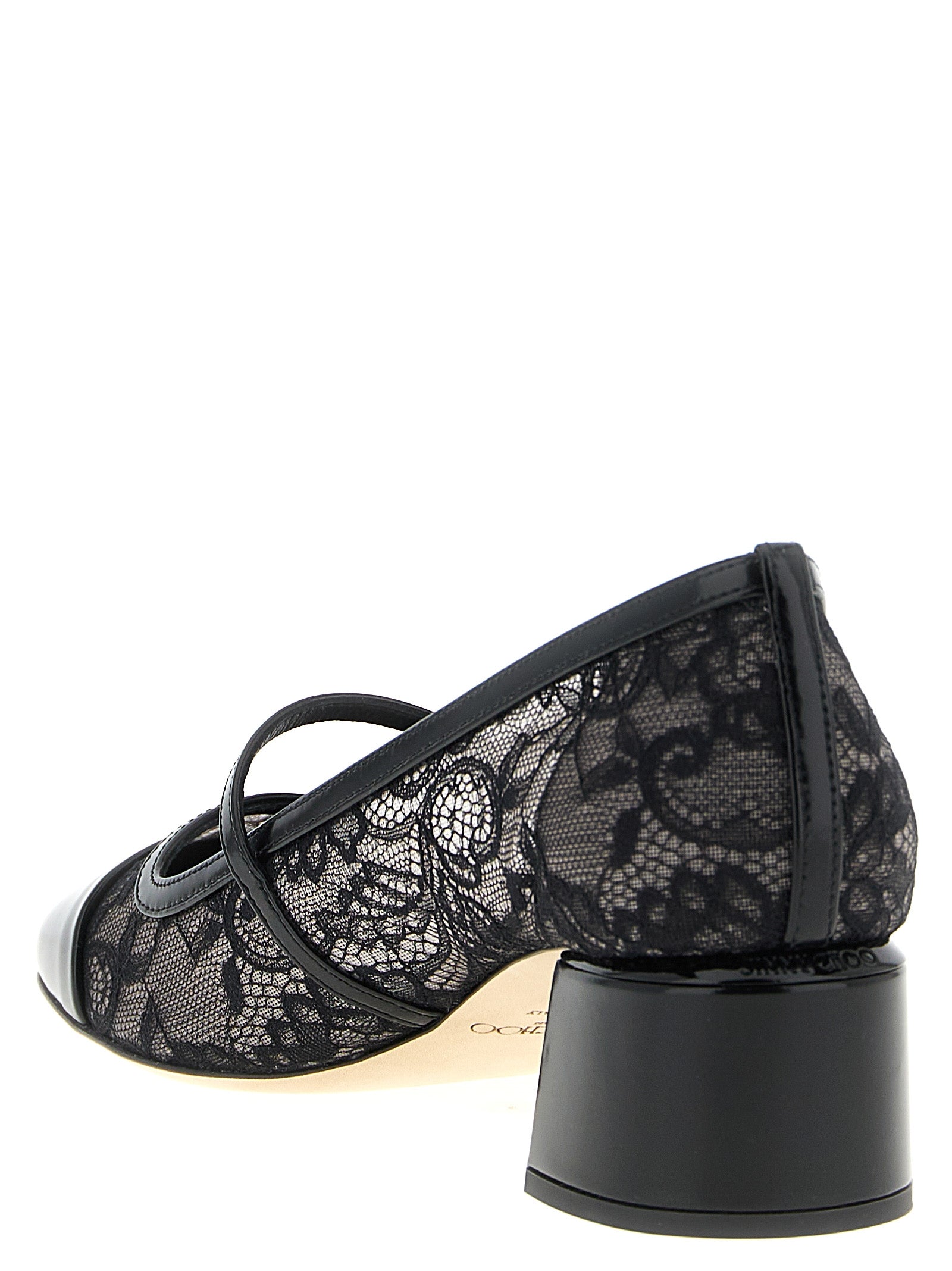 Step into refined elegance with Jimmy Choo's Black Tencel Mid Heel Pumps, where exquisite lace and patent leather unite to elevate your style for any occasion.