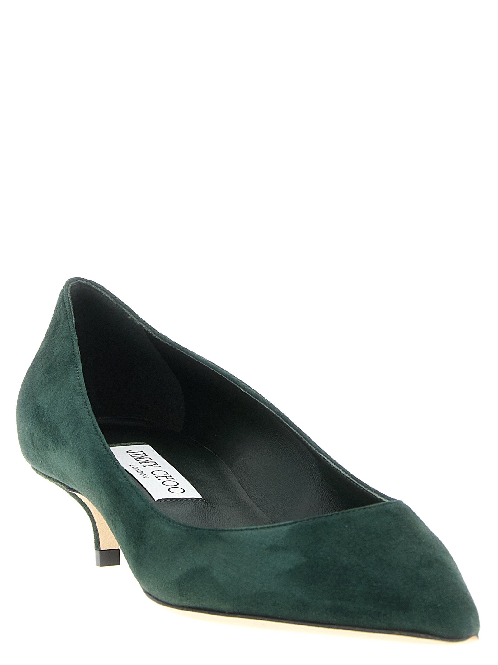 Elevate your elegance with Jimmy Choo's Amelia Bicolor Leather Mid Heel Pumps, where artisanal green suede meets exquisite craftsmanship for timeless allure.