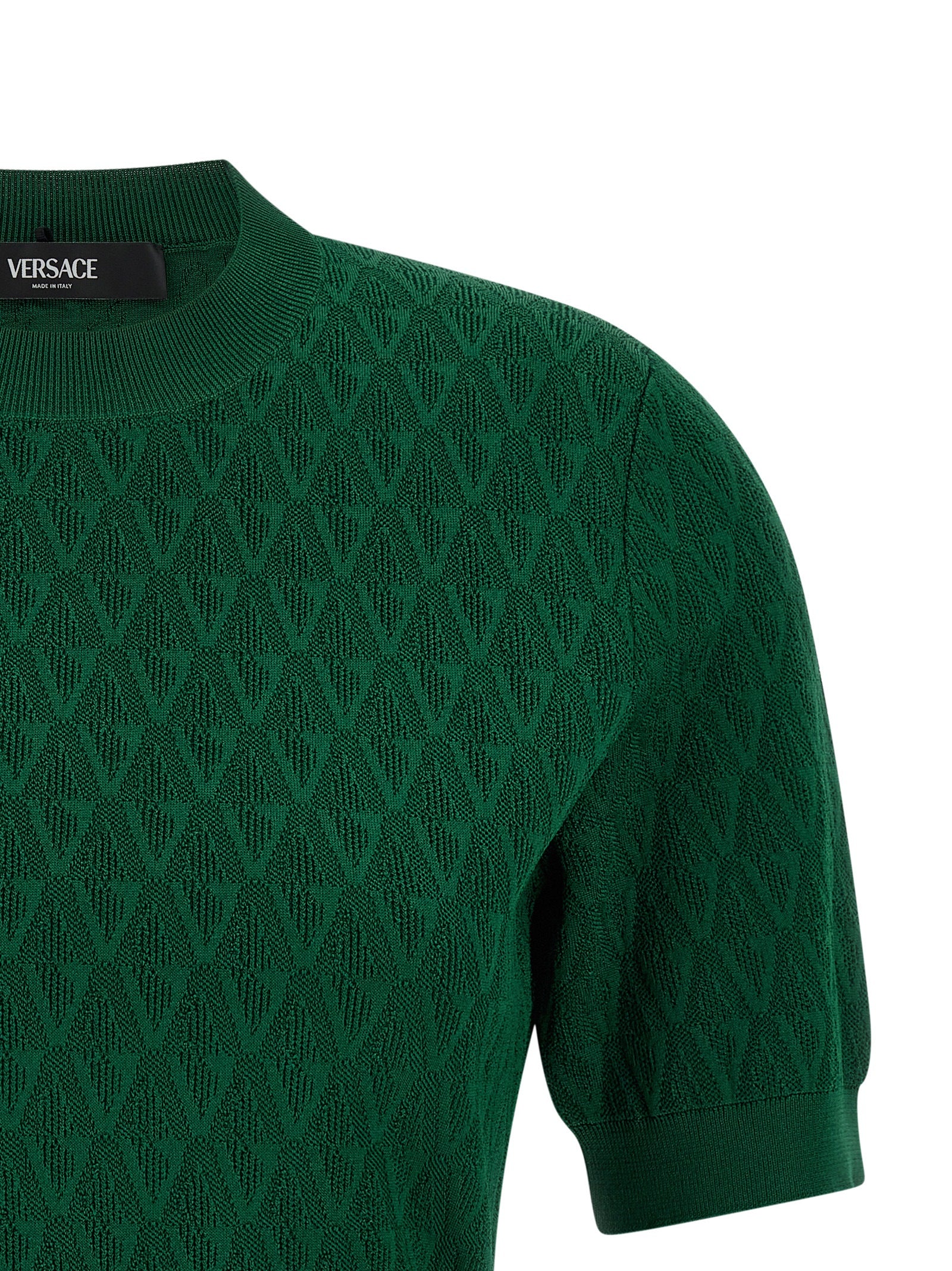 Indulge in the Versace Bicolor Viscose T-Shirt, where luxurious stretch viscose meets exquisite jacquard artistry, elevating your style with timeless elegance.