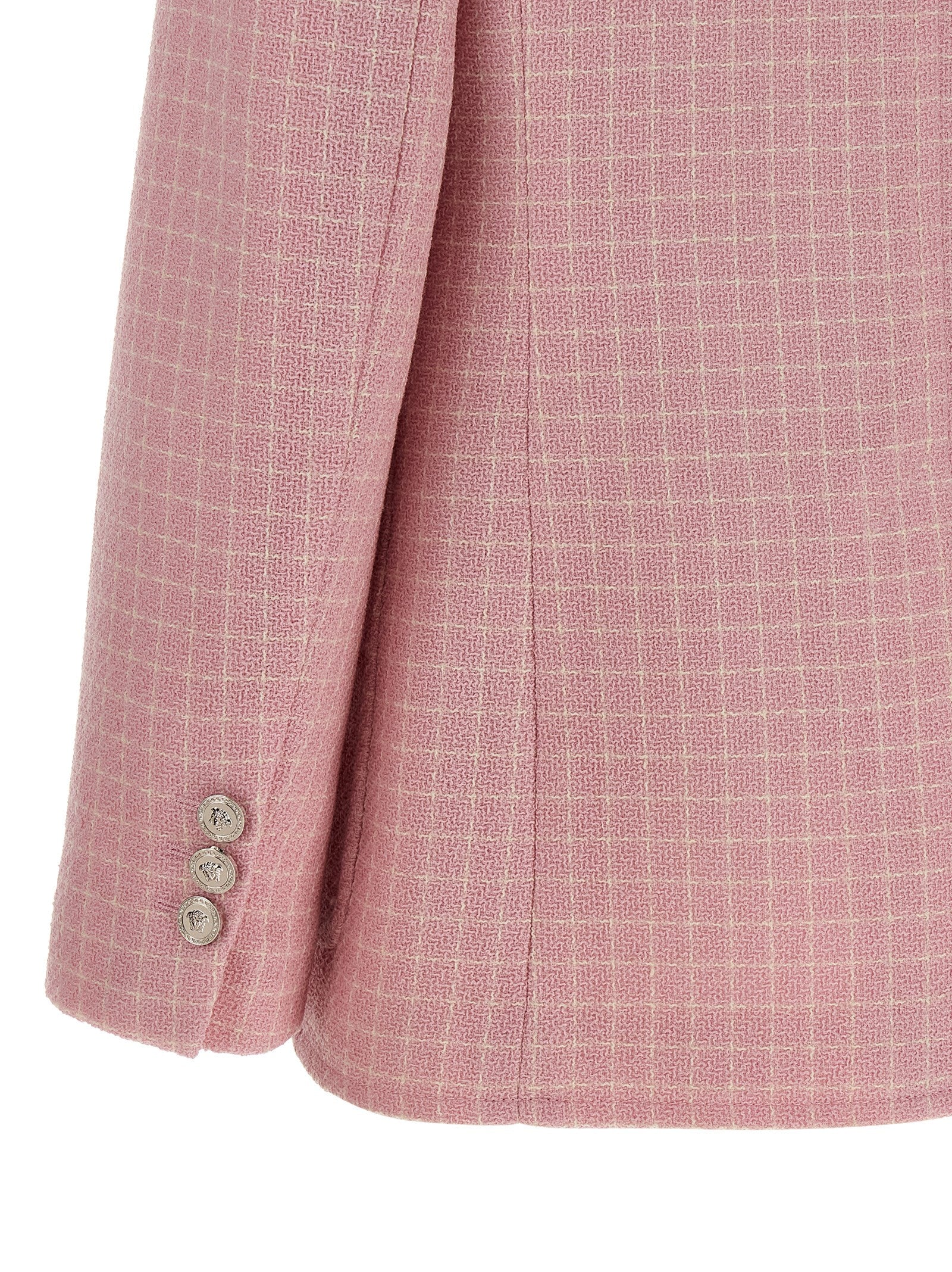 Experience the artistry of the Versace Multicolor Virgin Wool Blazer, a luxurious statement piece crafted from exquisite check knit wool crêpe, embodying timeless elegance and sophistication.