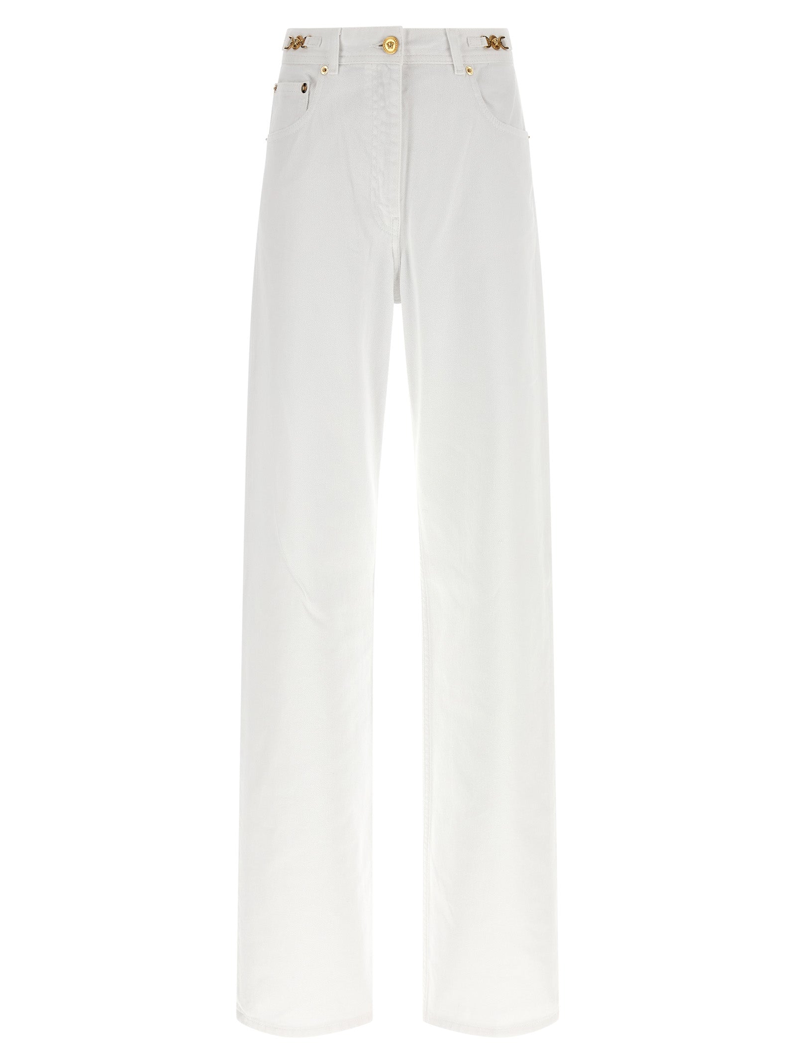 Elevate your style with Versace White Cotton Straight-Leg Jeans, where exquisite craftsmanship meets timeless luxury, perfect for sophisticated elegance.