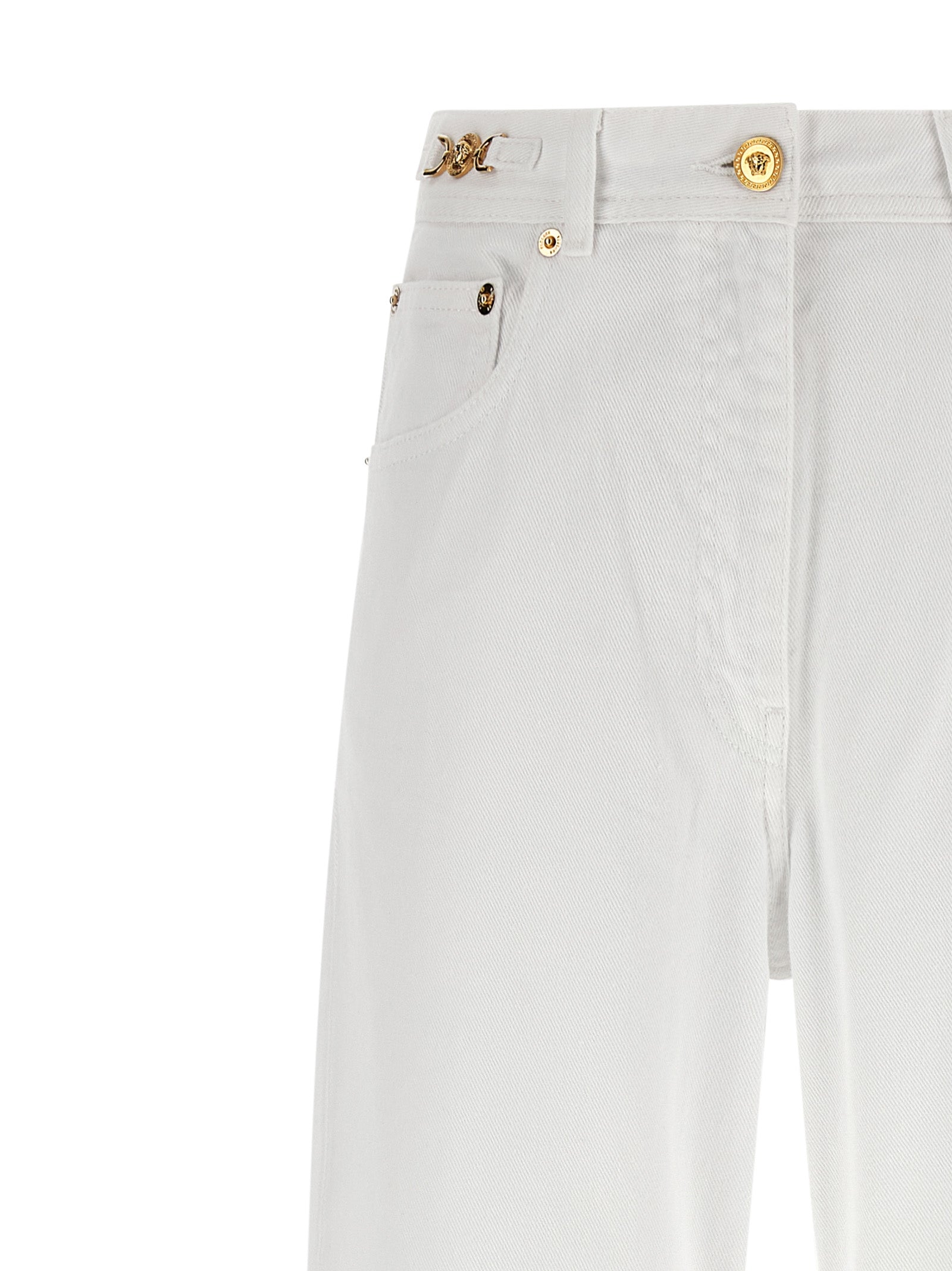 Elevate your style with Versace White Cotton Straight-Leg Jeans, a fusion of luxurious craftsmanship and timeless elegance, perfect for the discerning connoisseur.