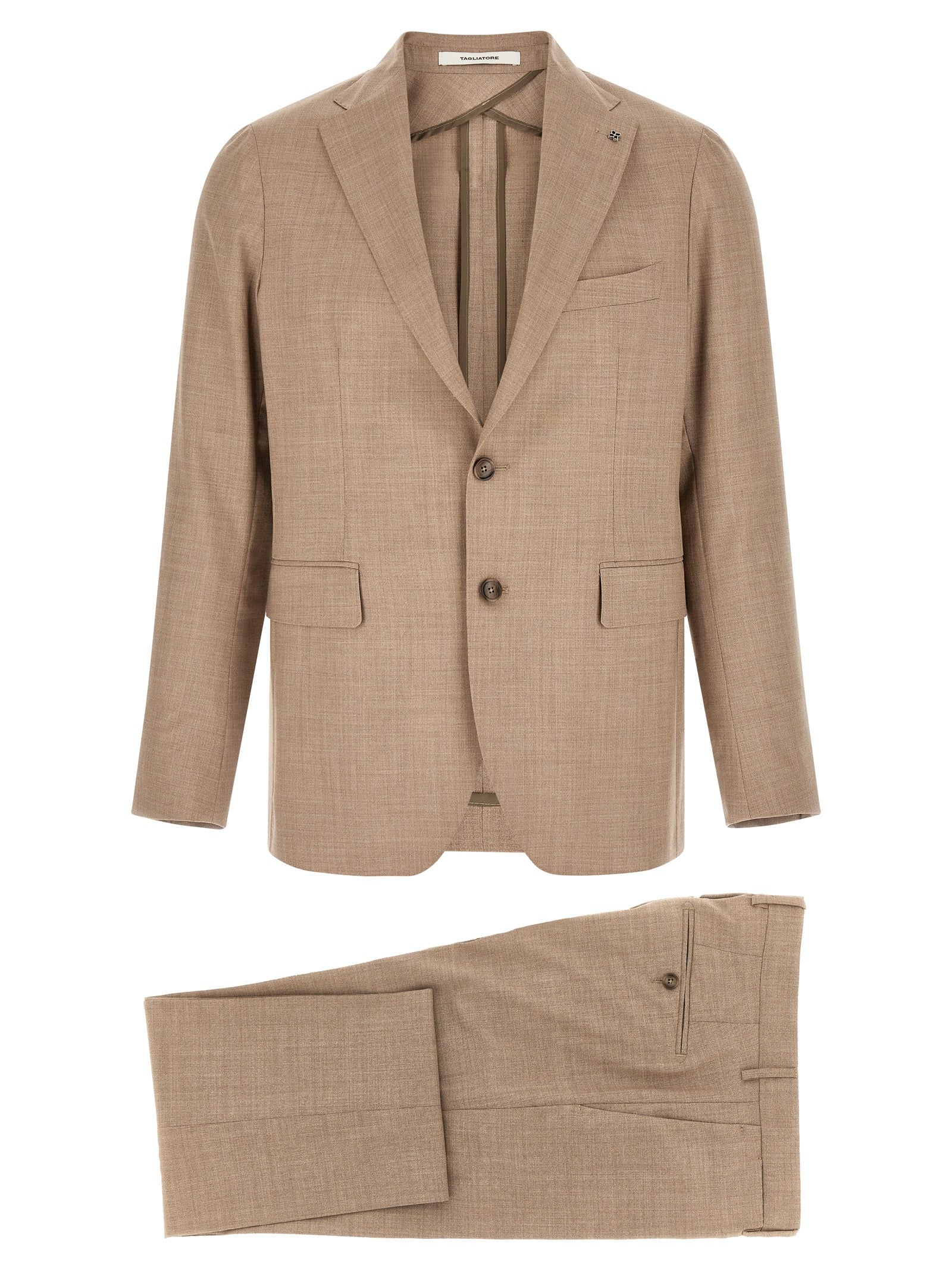 Elevate your presence with the Tagliatore Beige Virgin Wool Two-Piece Suit, a masterful blend of luxury and sophistication, crafted for the discerning individual.