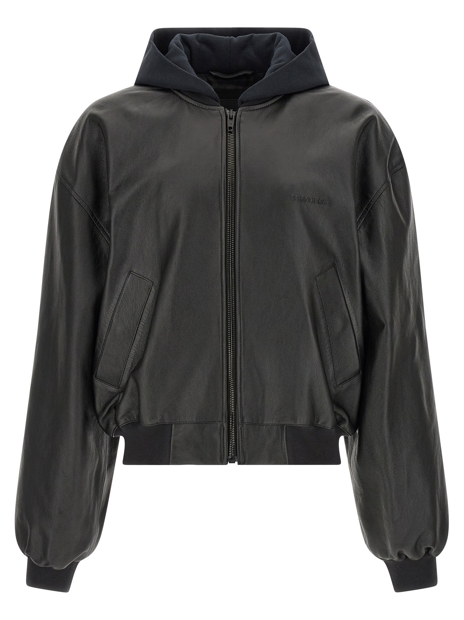 Indulge in the Balenciaga Black Lamb Leather Bomber Jacket, a masterpiece of 100% lamb leather, blending timeless elegance with avant-garde design for the discerning individual.