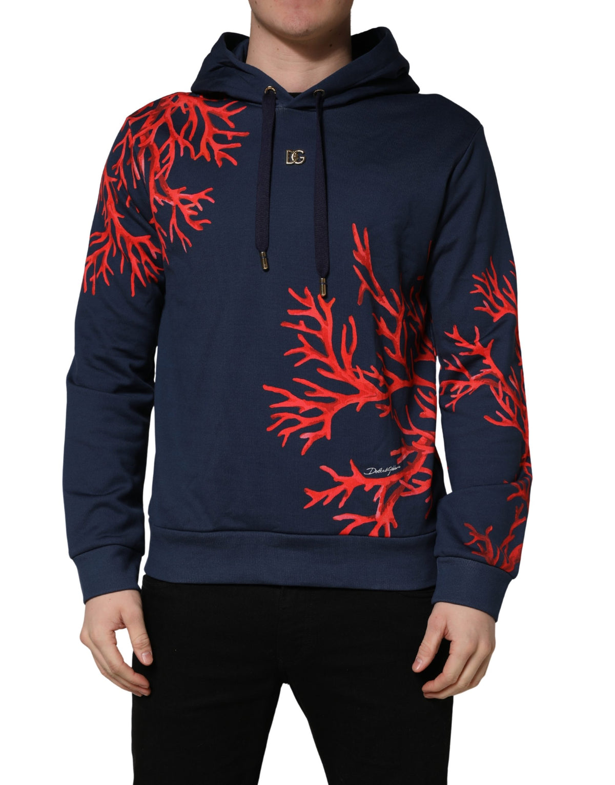 Dolce & Gabbana Blue Cotton Coral Logo Hoodie for Timeless Elegance