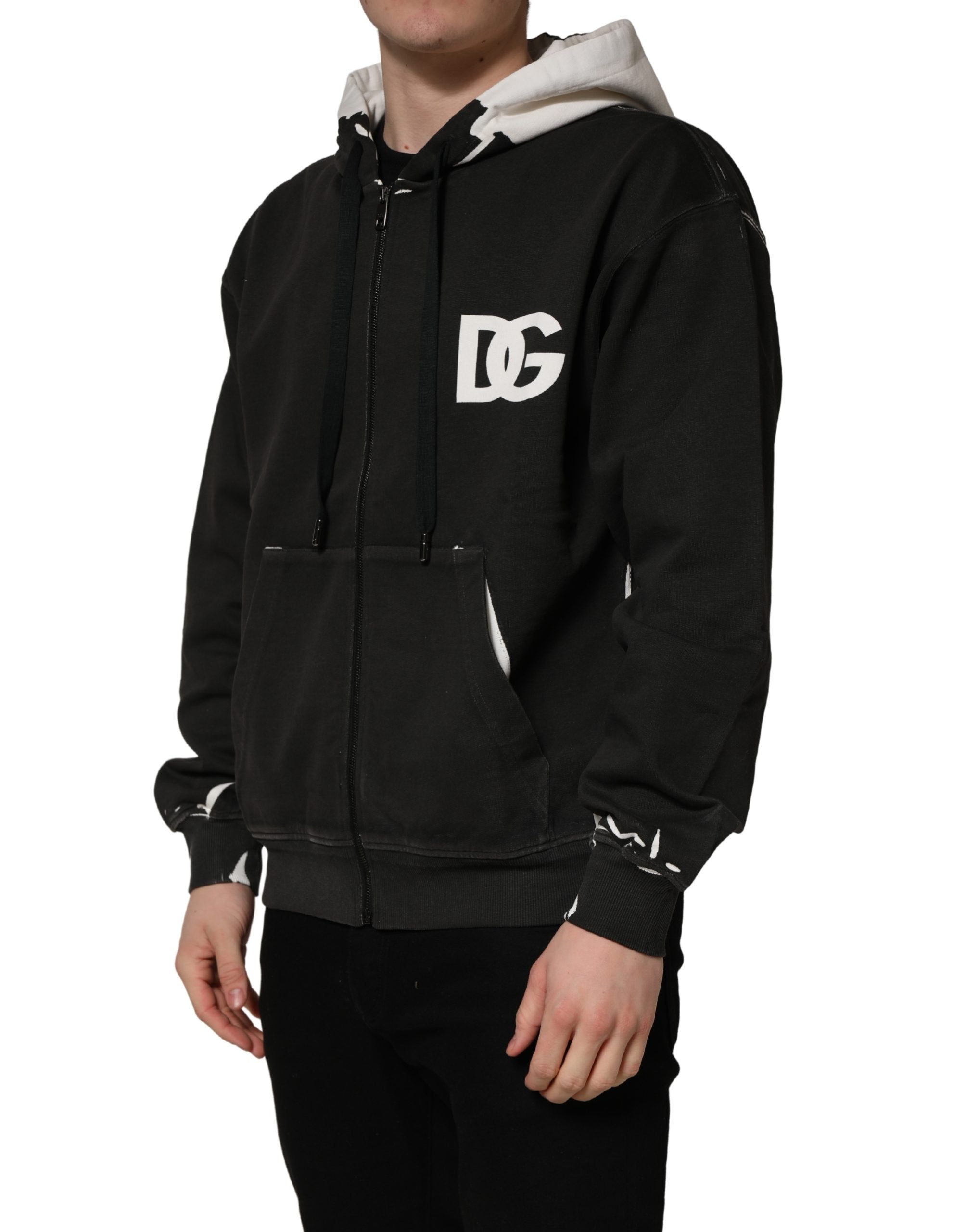 Indulge in the Dolce & Gabbana Black Cotton Logo Hooded Full Zip Sweater, a masterpiece of Italian craftsmanship that elevates your style with luxurious comfort and bold design.