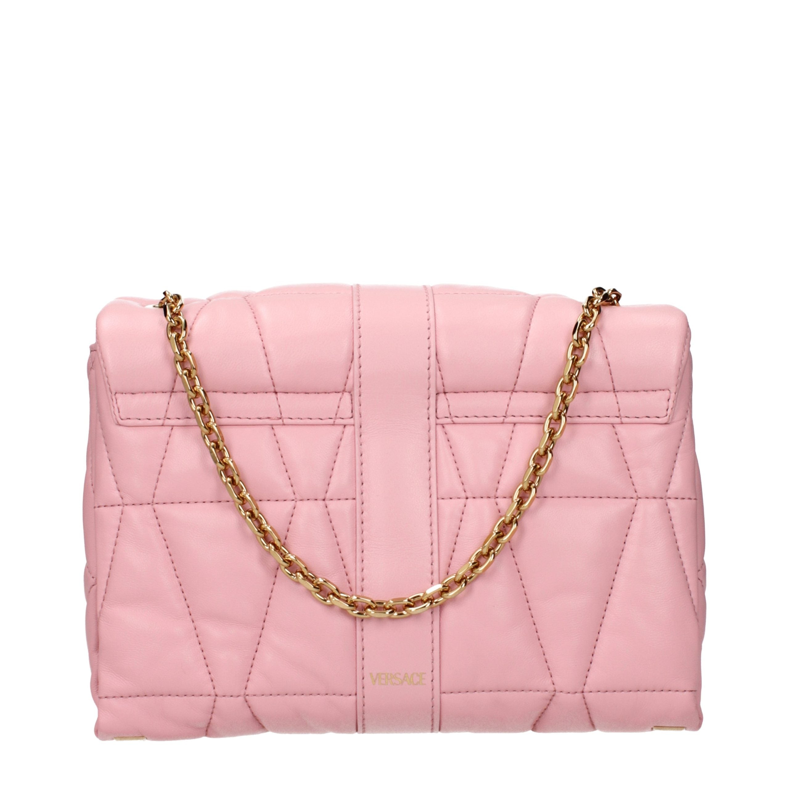 Elevate your style with the Versace Pink Leather Shoulder Bag, a masterpiece of craftsmanship featuring luxurious leather and a quilted design for timeless elegance.