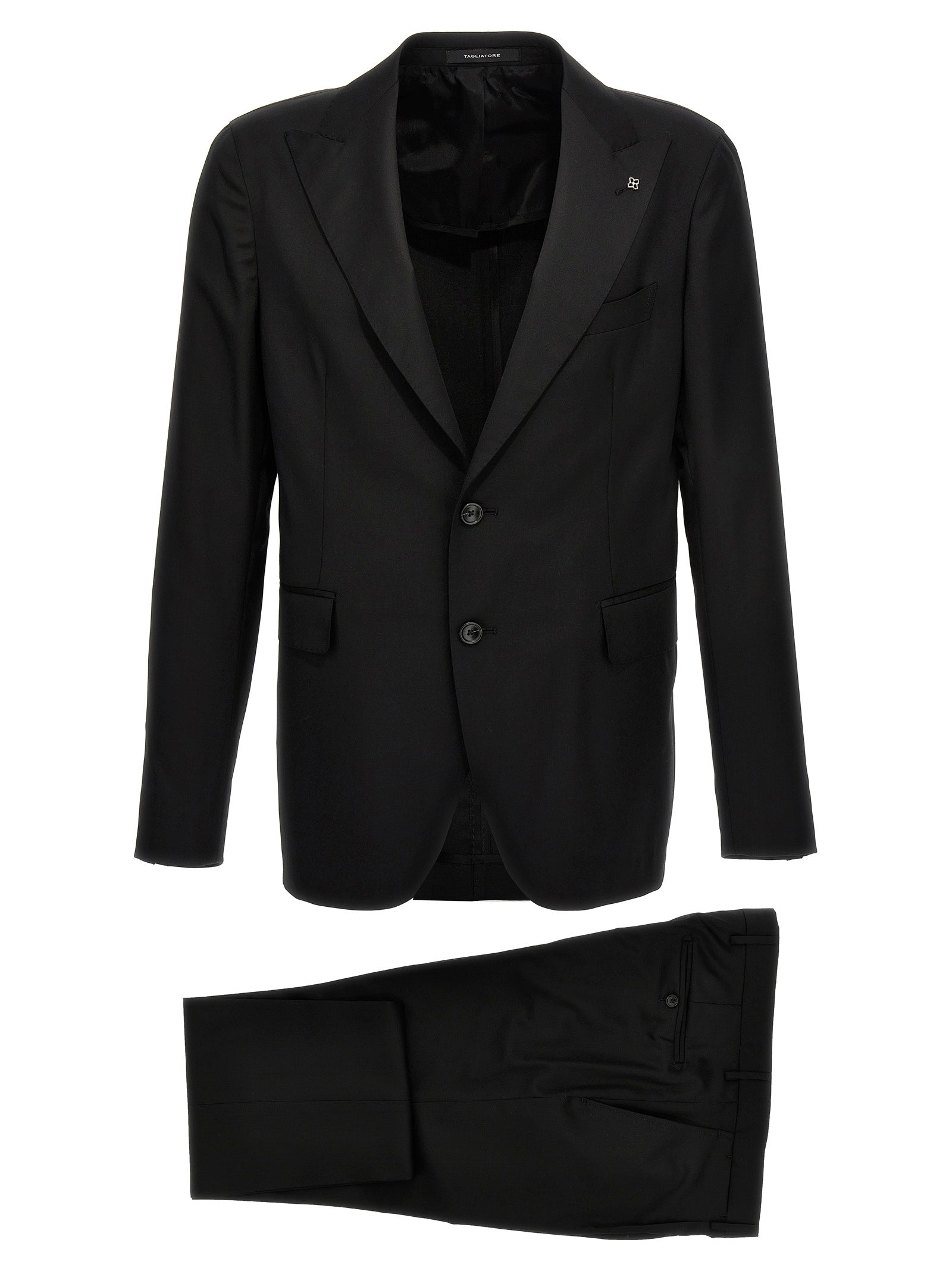 Discover the TAGLIATORE Black Virgin Wool Two-Piece Suit, a masterpiece of artisanal luxury and timeless elegance, perfect for the discerning individual seeking sophistication.