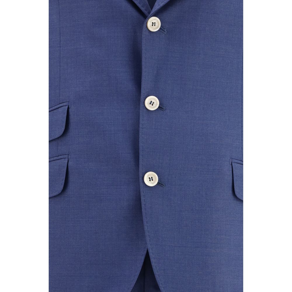 Experience the epitome of elegance with the Brunello Cucinelli Blue Wool Oves Aries Two-Piece Suit, crafted from luxurious fleece wool for a refined silhouette that embodies sophistication.