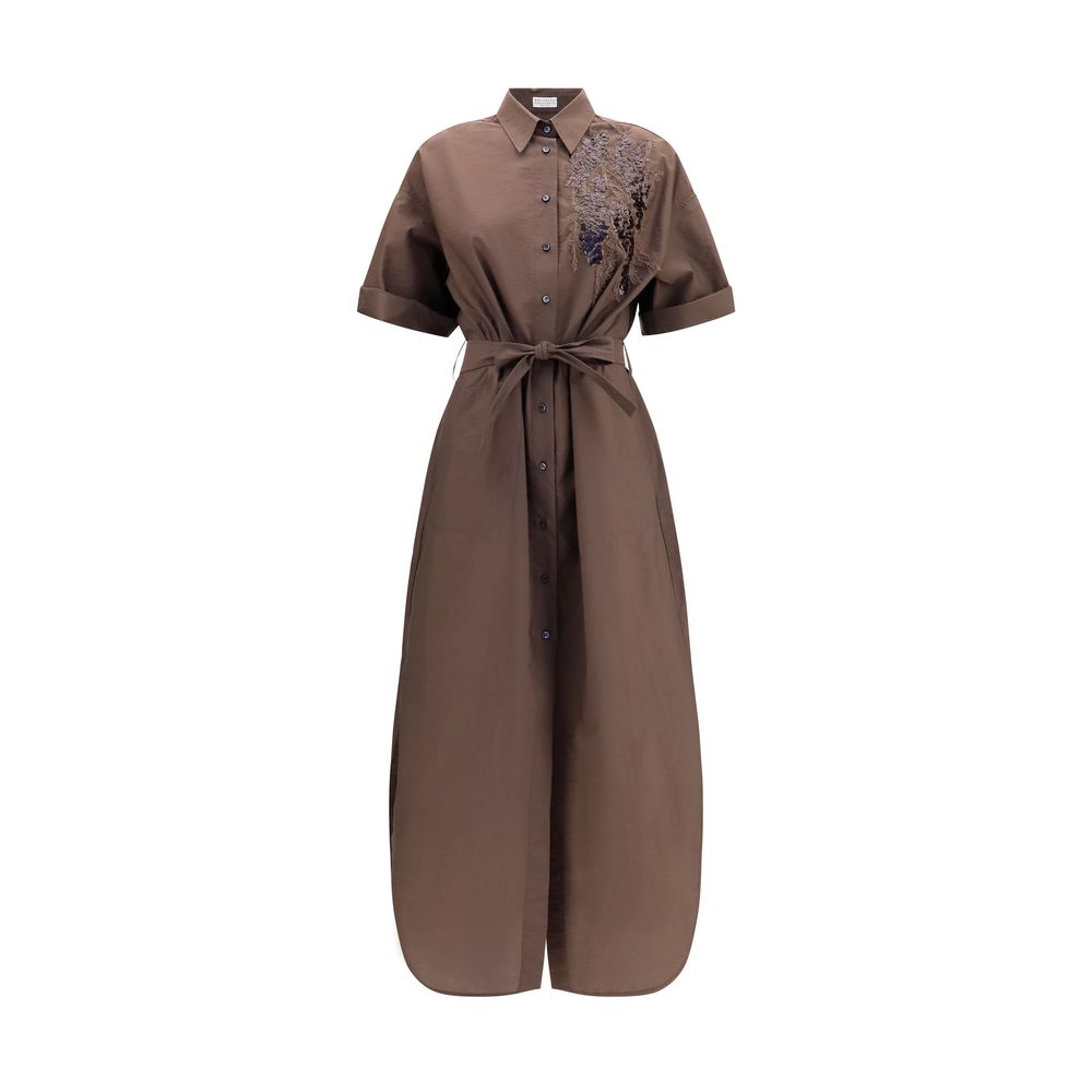 Experience the exquisite allure of the Brunello Cucinelli Brown Cotton Casual Dress, where refined sequin embroidery meets luxurious comfort, perfect for any elegant occasion.