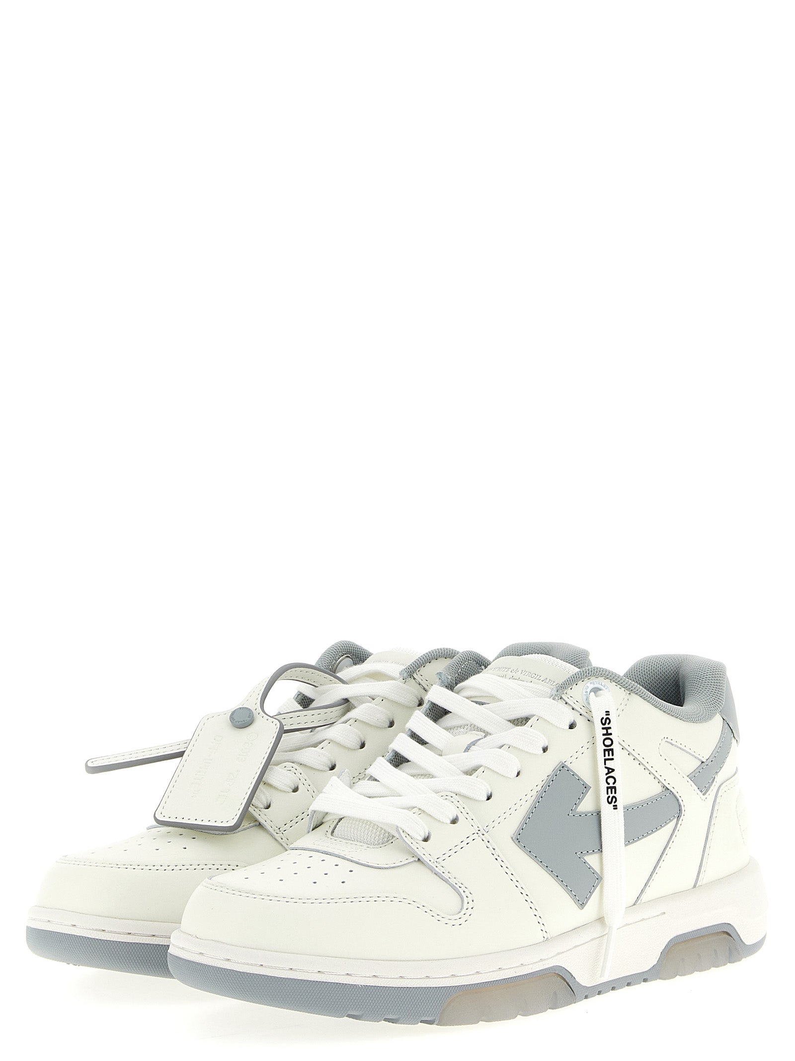 Elevate your style with Off-White Gray Leather Low Top Sneakers, where luxurious craftsmanship meets contemporary elegance, perfect for the discerning individual.
