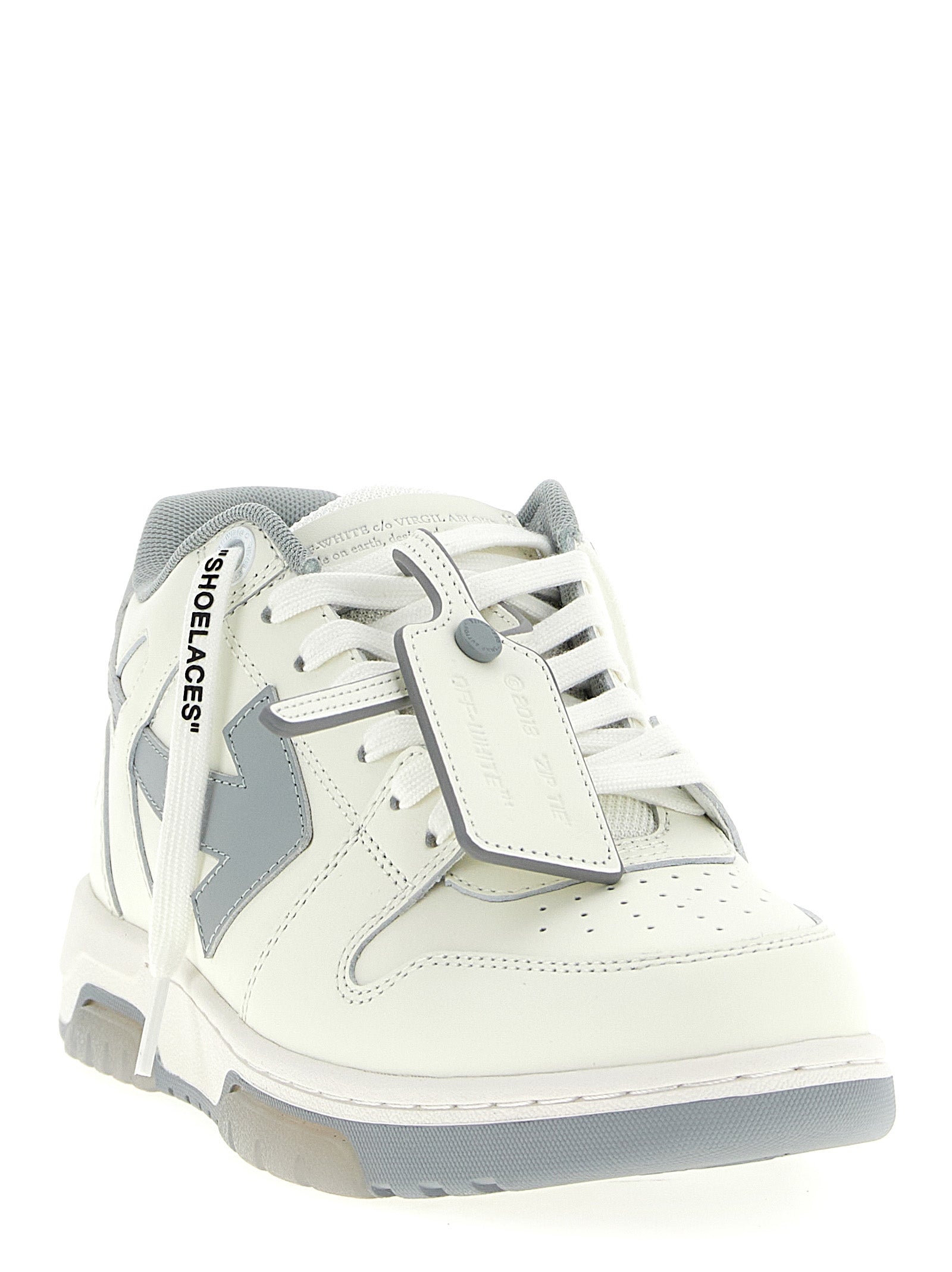 Elevate your style with Off-White Gray Leather Low Top Sneakers, where luxurious craftsmanship meets contemporary design, perfect for the discerning individual.