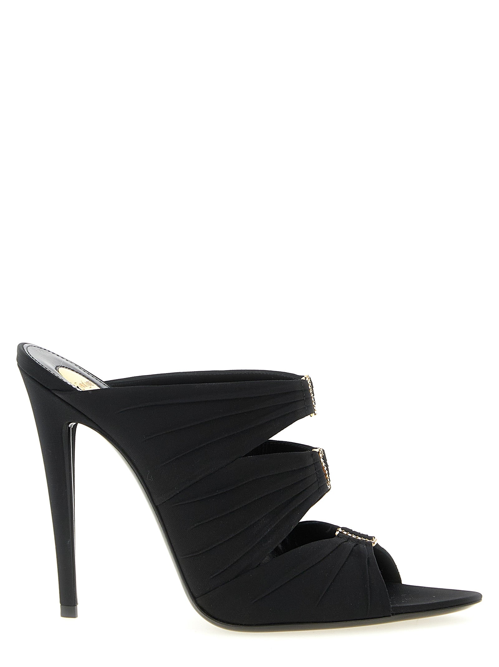 Indulge in the exquisite Saint Laurent Black Viscose Stiletto Heel Sandals, where luxurious craftsmanship meets bold elegance, perfect for elevating any sophisticated ensemble.