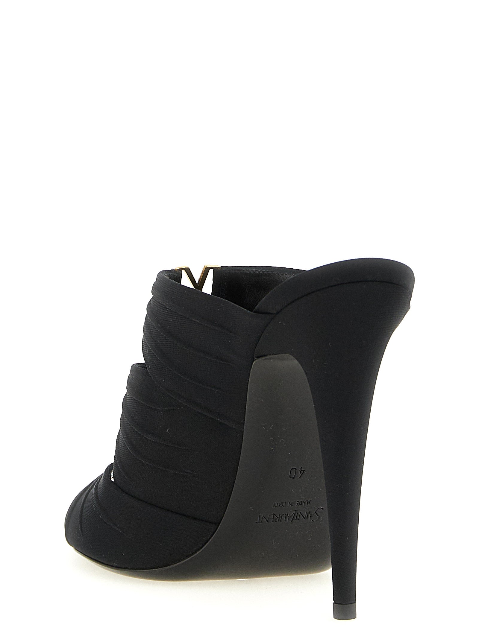 Experience the allure of Saint Laurent's Black Viscose Stiletto Heel Sandals, crafted in Italy with exquisite materials, embodying luxury and sophistication for every elegant occasion.