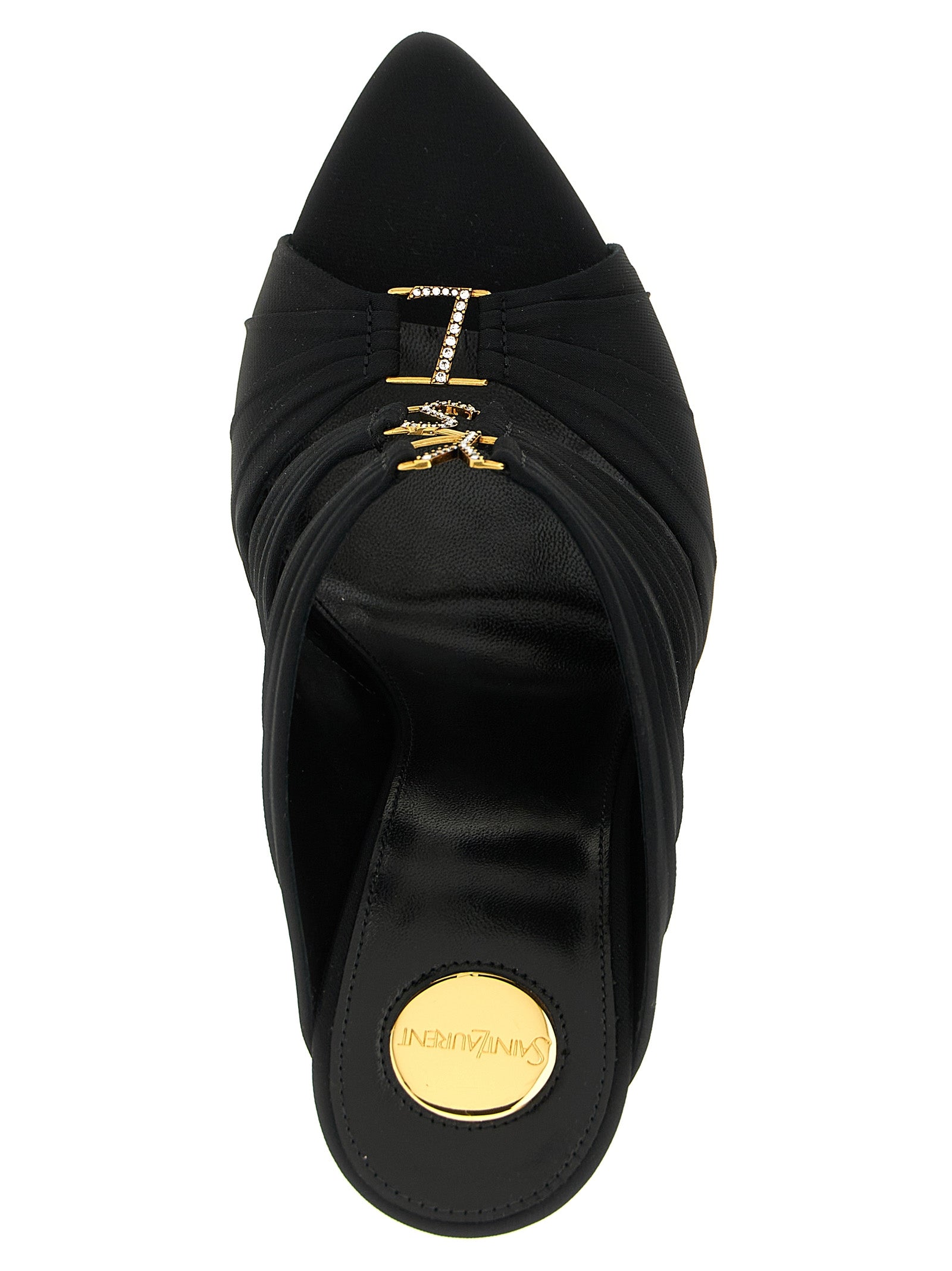 Indulge in the exquisite Saint Laurent Black Viscose Stiletto Heel Sandals, where luxurious craftsmanship meets alluring design, perfect for elevating any elegant affair.