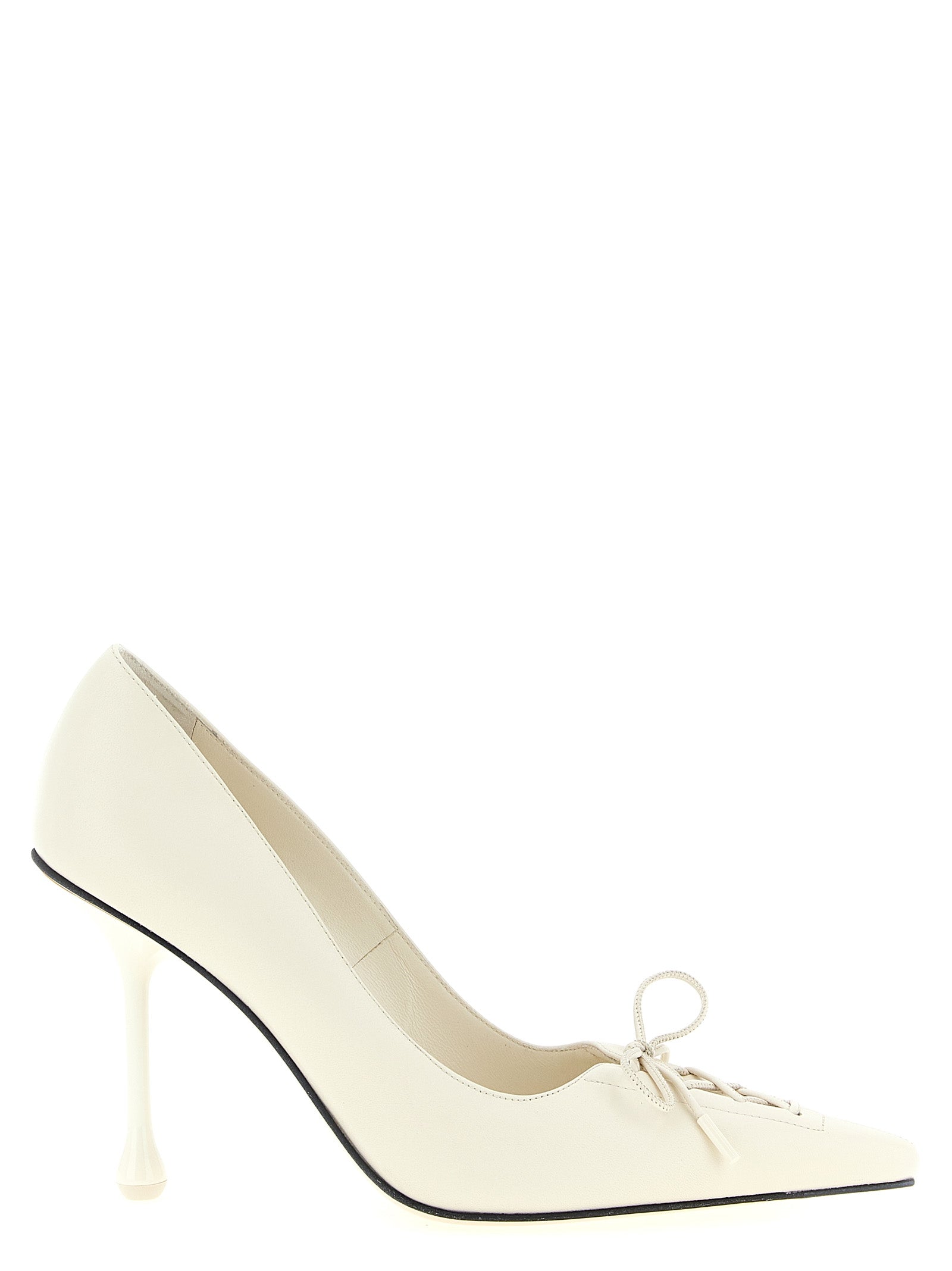 Step into elegance with Jimmy Choo's Scarlett white leather pumps, featuring exquisite hand-strung lacing and a teardrop heel, perfect for distinguished occasions.