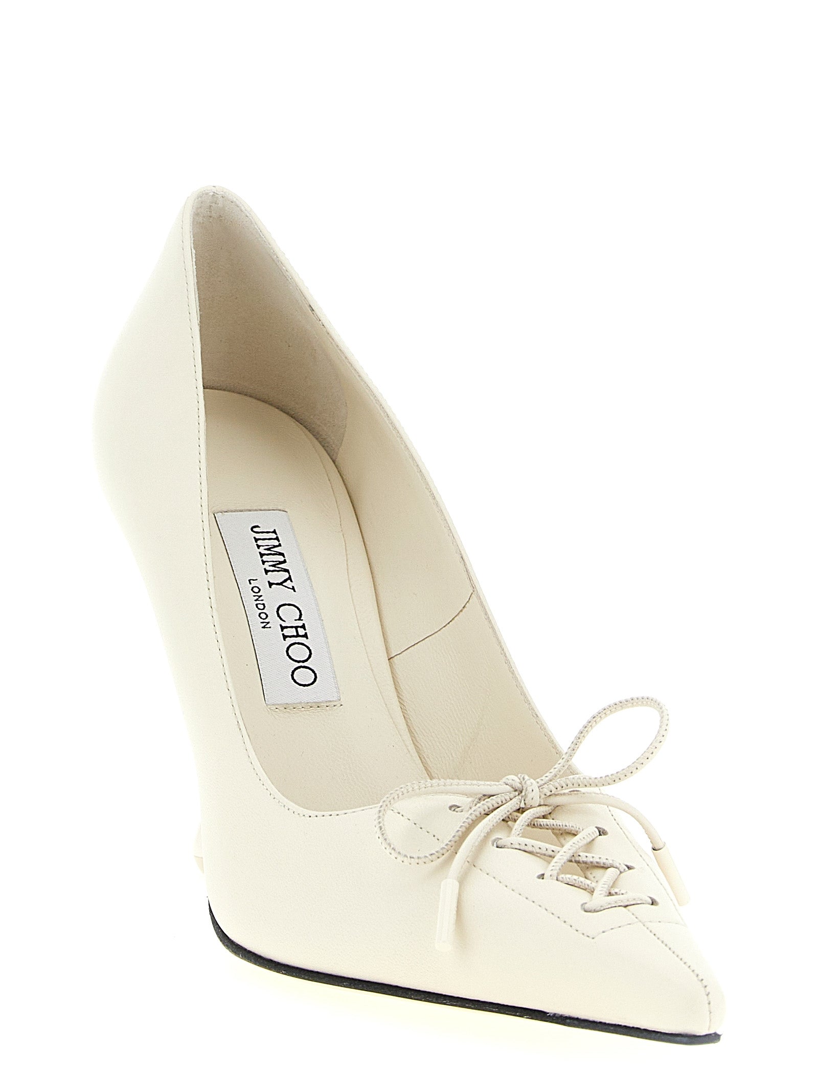 Step into elegance with Jimmy Choo's Scarlett white leather pumps, featuring exquisite hand-strung lacing and a teardrop heel, perfect for distinguished occasions.