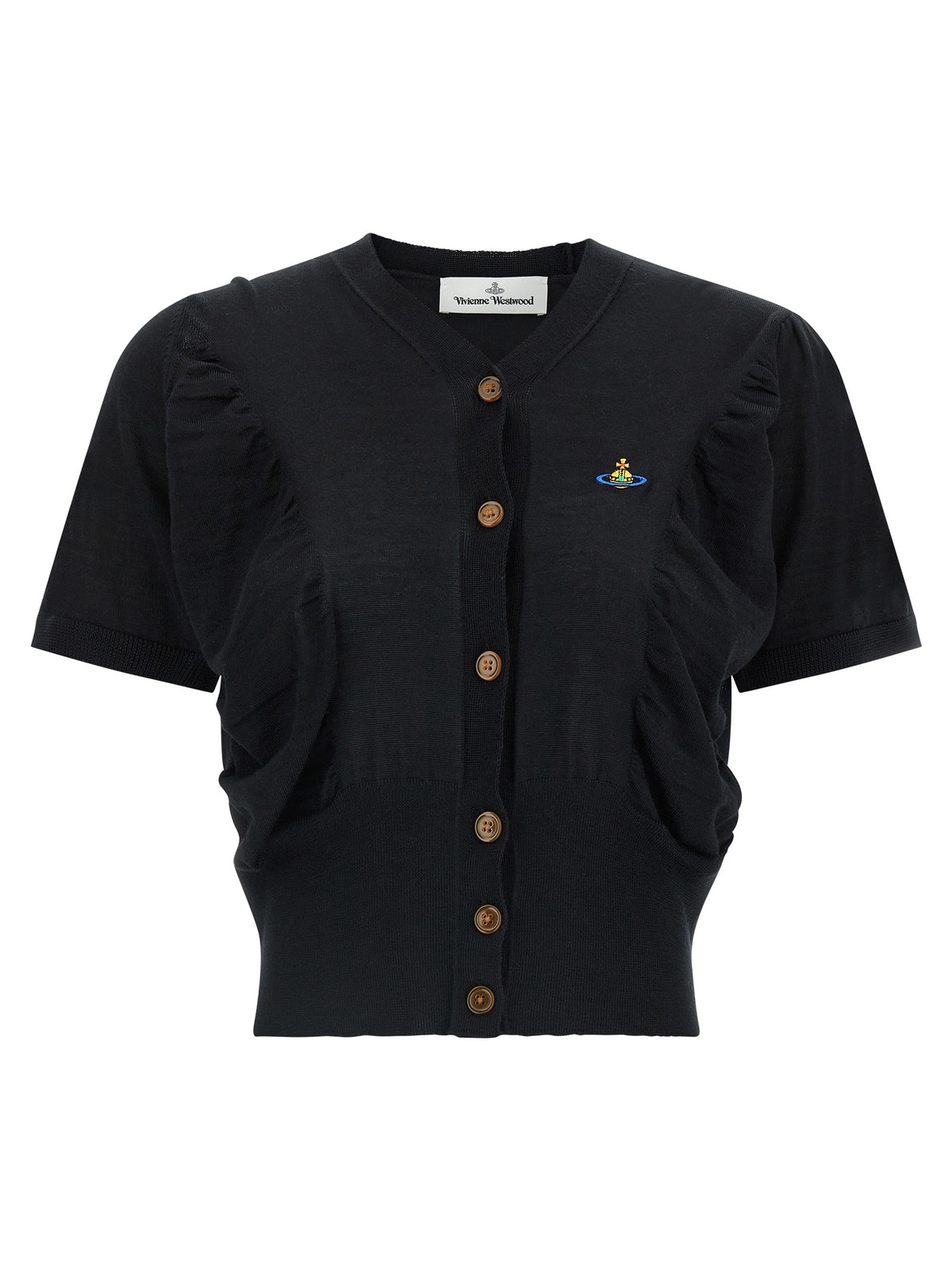 Experience the allure of the Vivienne Westwood Black Wool Cardigan, a masterpiece of Italian craftsmanship blending wool and silk for timeless elegance and luxurious sophistication.