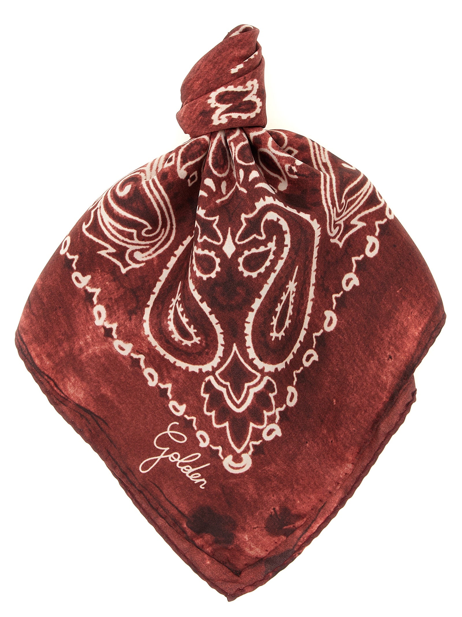 Indulge in the exquisite Golden Goose Bordeaux Silk Foulard, a timeless accessory crafted from pure silk, embodying elegance and sophistication for the discerning individual.