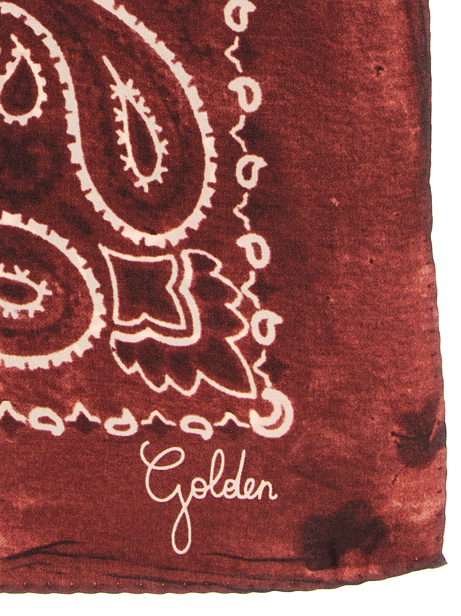 Indulge in the Golden Goose Bordeaux Silk Foulard, a masterpiece of 100% pure silk, exuding elegance with its captivating paisley délavé effect, perfect for any occasion.