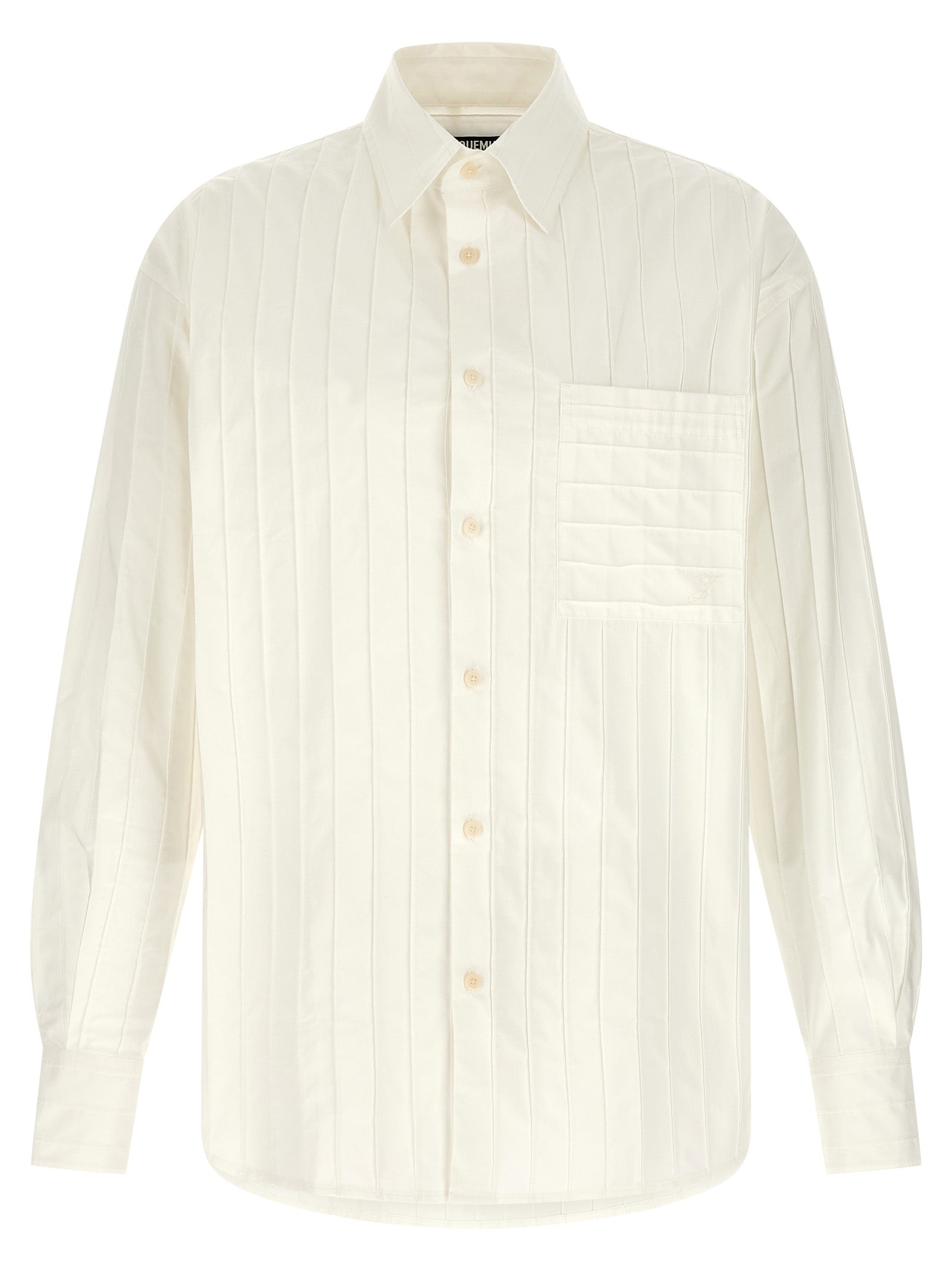 Elevate your wardrobe with the Jacquemus White Cotton Blouse, a masterpiece of embroidered cotton poplin, exuding timeless elegance and sophisticated allure.