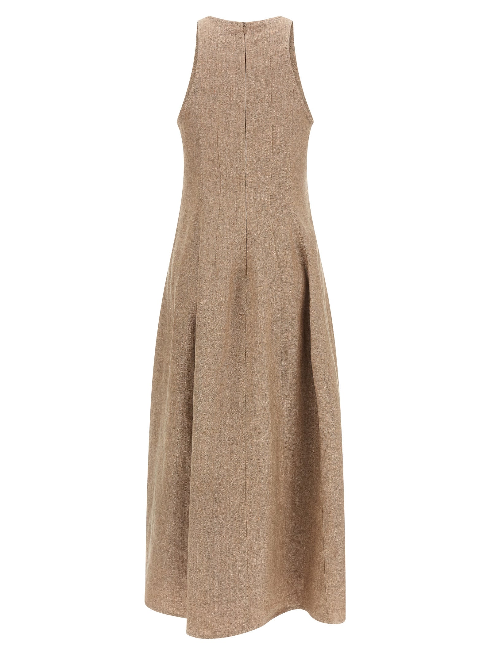 Discover the exquisite Brunello Cucinelli Beige Linen Long Dress, a masterpiece of Italian craftsmanship, blending luxurious linen and lamé for timeless elegance.