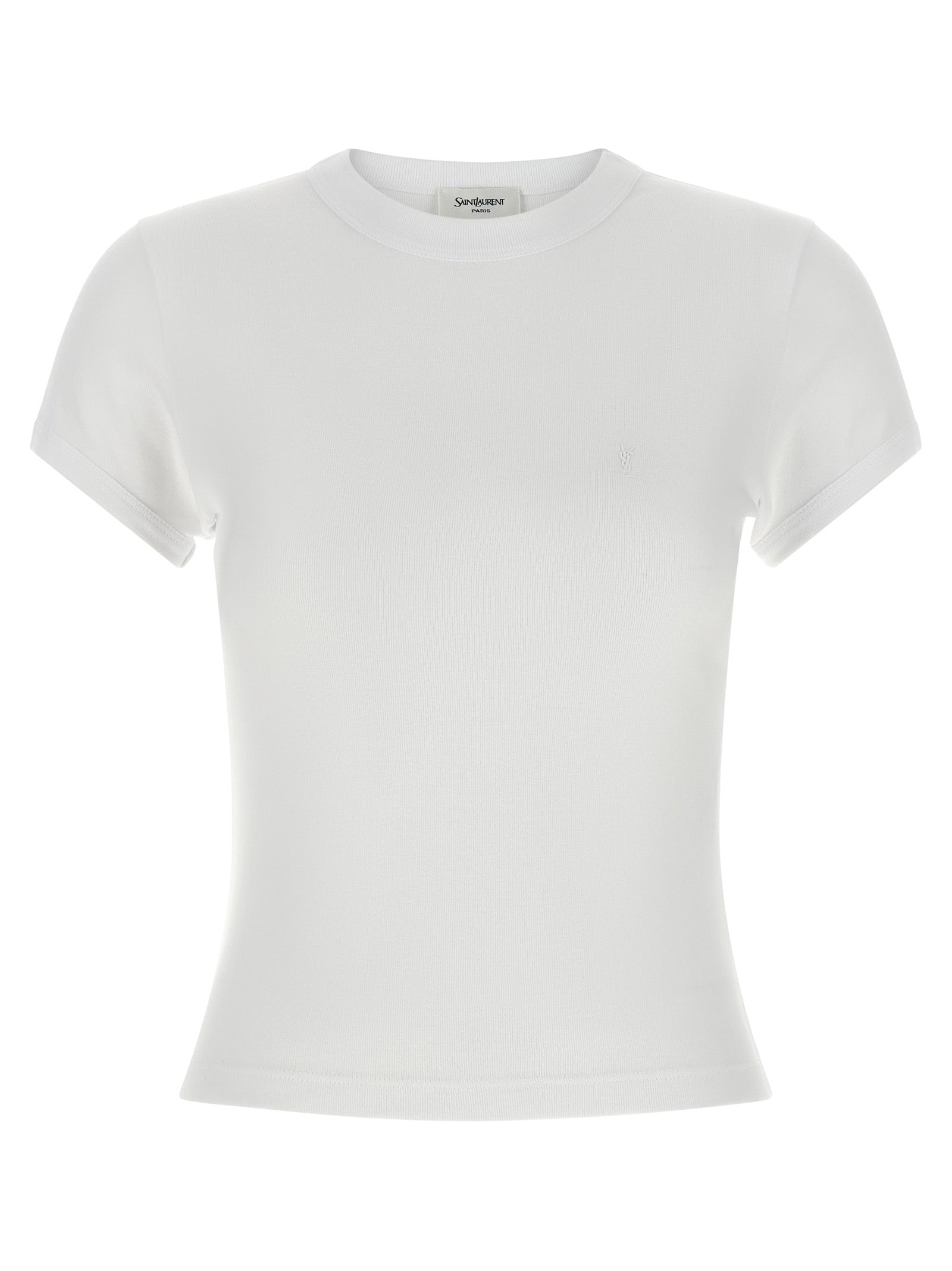 Elevate your wardrobe with the Saint Laurent White Cotton T-Shirt, a timeless luxury essential crafted from pure cotton, embodying elegance and sophistication for every occasion.