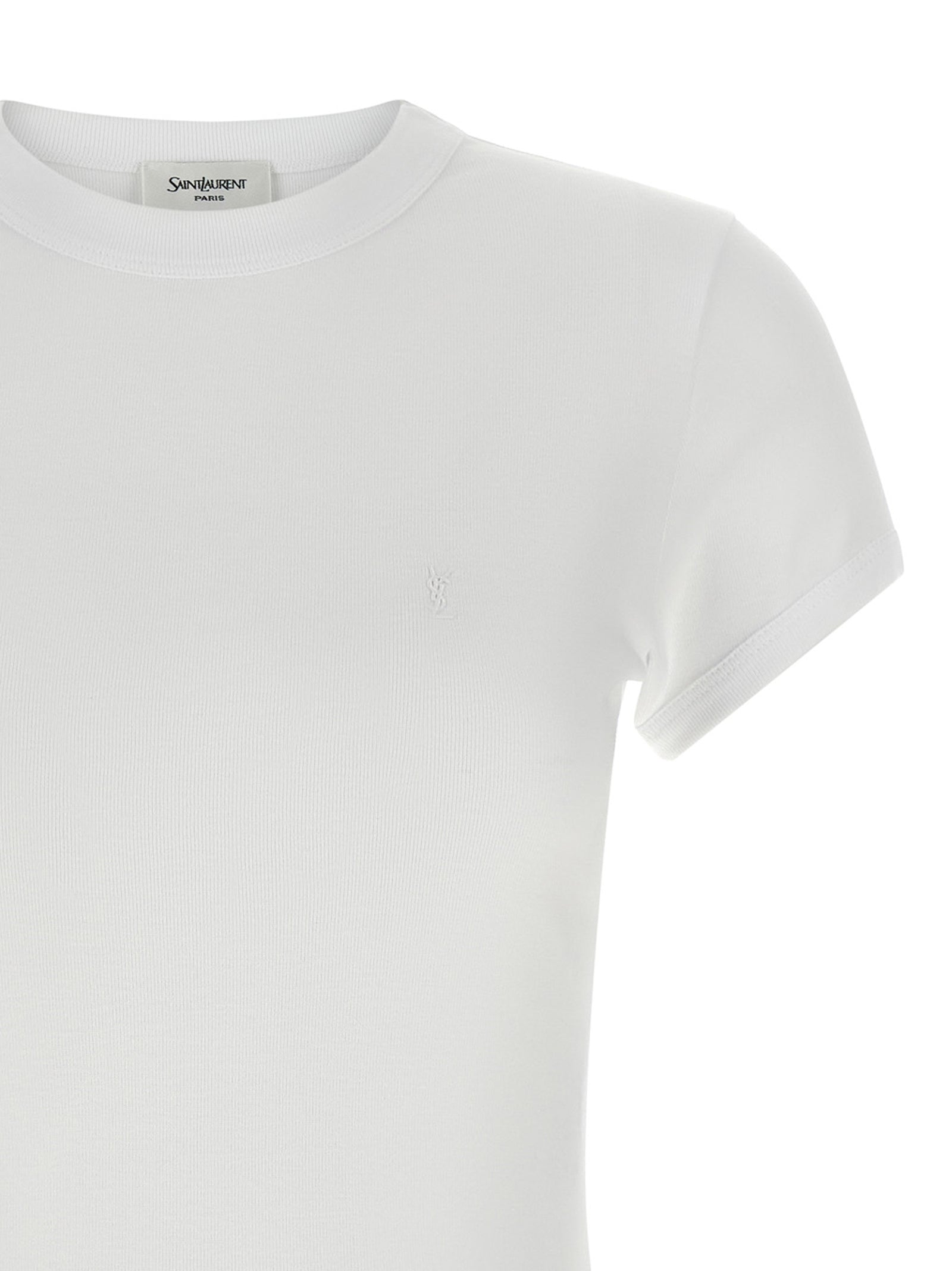 Elevate your wardrobe with the Saint Laurent White Cotton T-Shirt, a luxurious blend of comfort and elegance, embodying timeless sophistication for discerning tastes.
