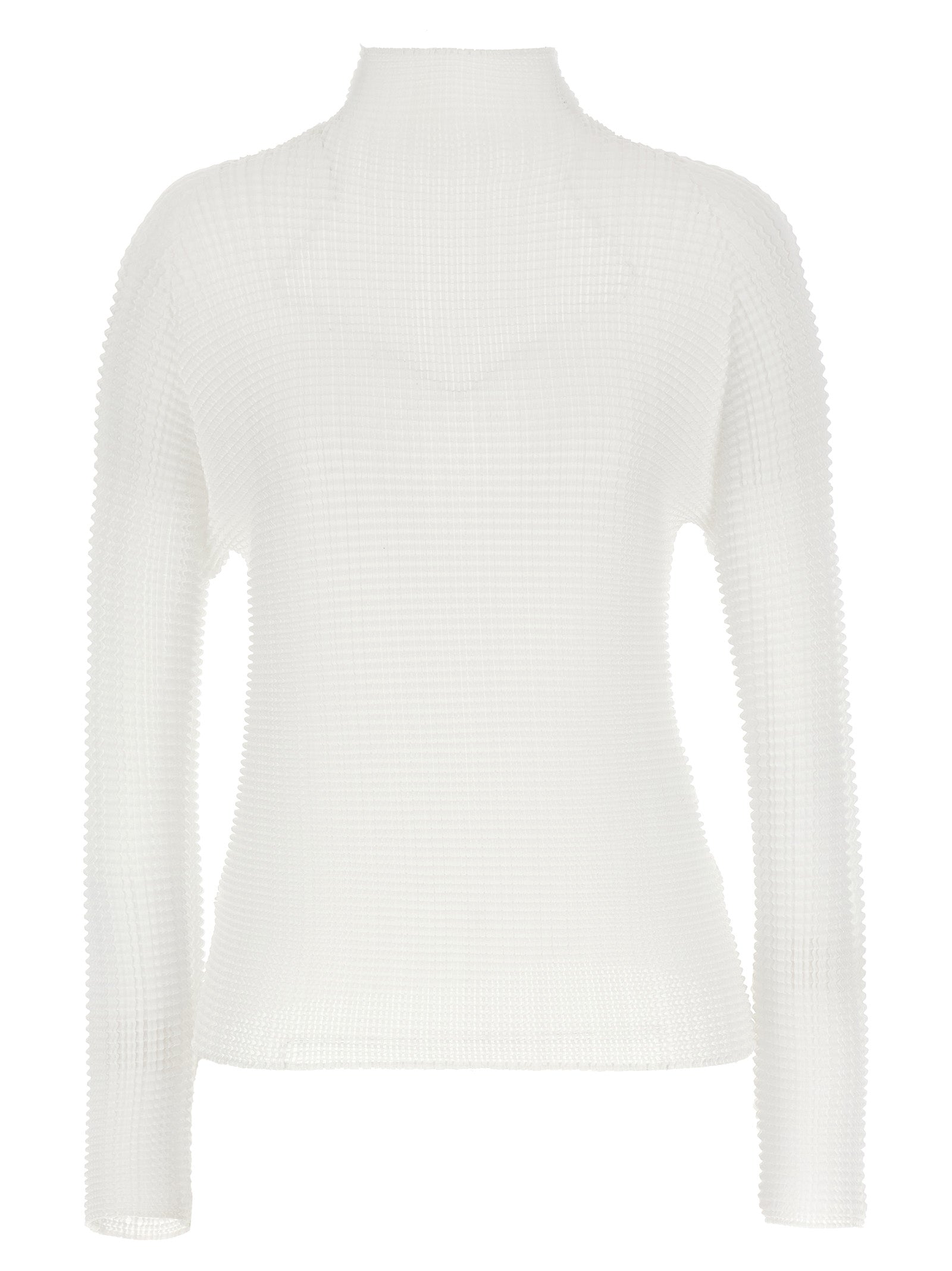 Elevate your wardrobe with the Issey Miyake White Polyester Cardigan, a masterpiece of textured elegance crafted from 100% recycled polyester, embodying sustainable luxury.