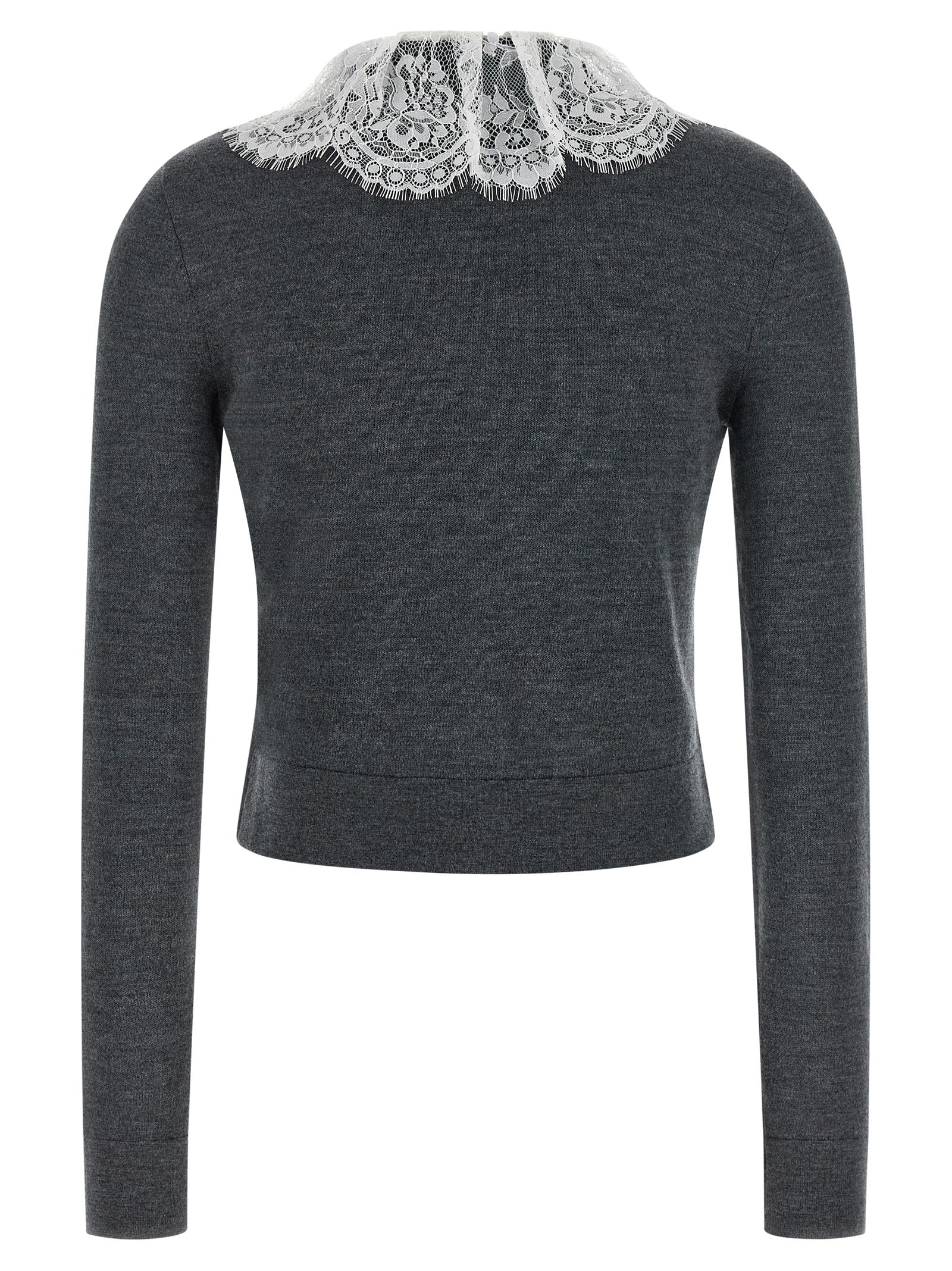 Indulge in the elegance of the Self-Portrait Gray Wool Cardigan, crafted from luxurious stretch wool, featuring a lace collar and jewel button closures for timeless sophistication.
