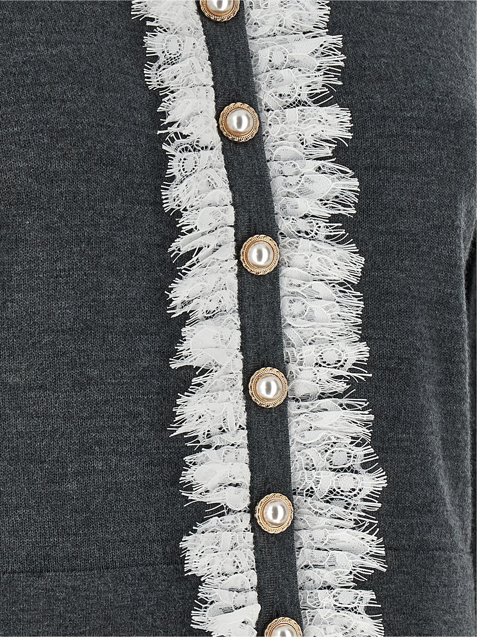 Indulge in the exquisite SELF PORTRAIT Gray Wool Cardigan, crafted from luxurious stretch wool, featuring a lace collar and jewel button closures for timeless elegance.
