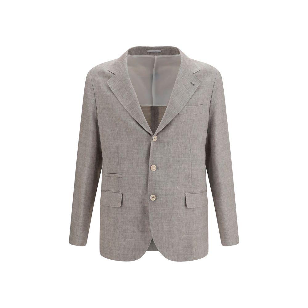 Elevate your wardrobe with the Brunello Cucinelli Beige Linen Full-Length Jacket, a masterpiece of deconstructed luxury crafted from fine linen and merino wool, perfect for any occasion.