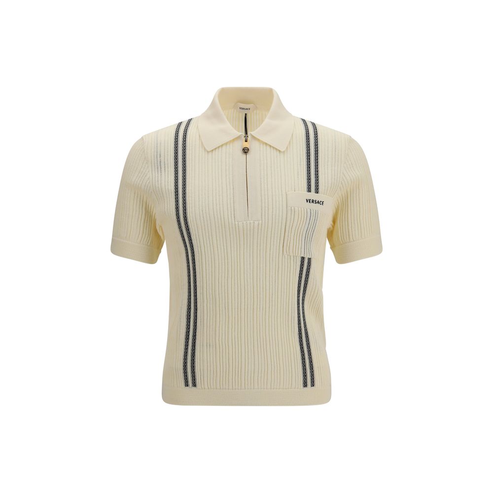 Indulge in the Versace Beige Cotton Polo Shirt, a masterpiece of 100% cotton featuring a striking Greca jacquard pattern, embodying timeless luxury and sophisticated elegance.