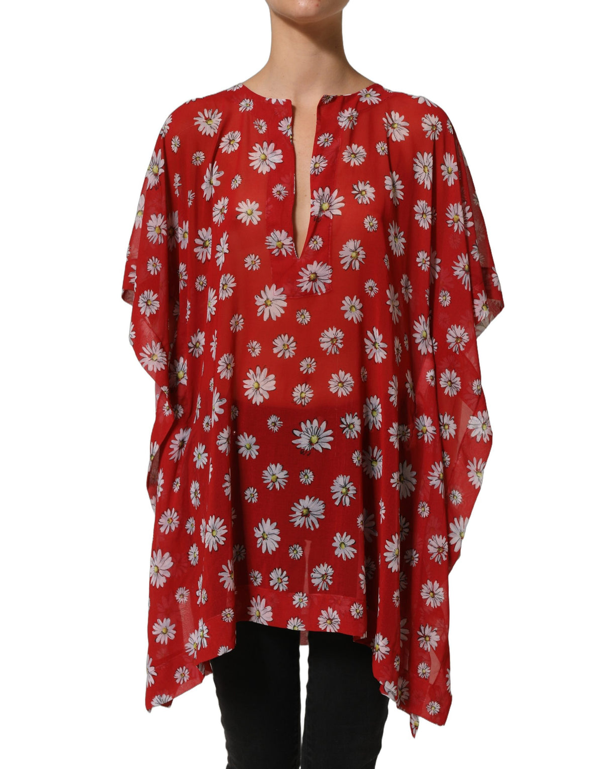 Dolce & Gabbana Red Floral V-neck Kaftan Blouse - Luxurious Elegance