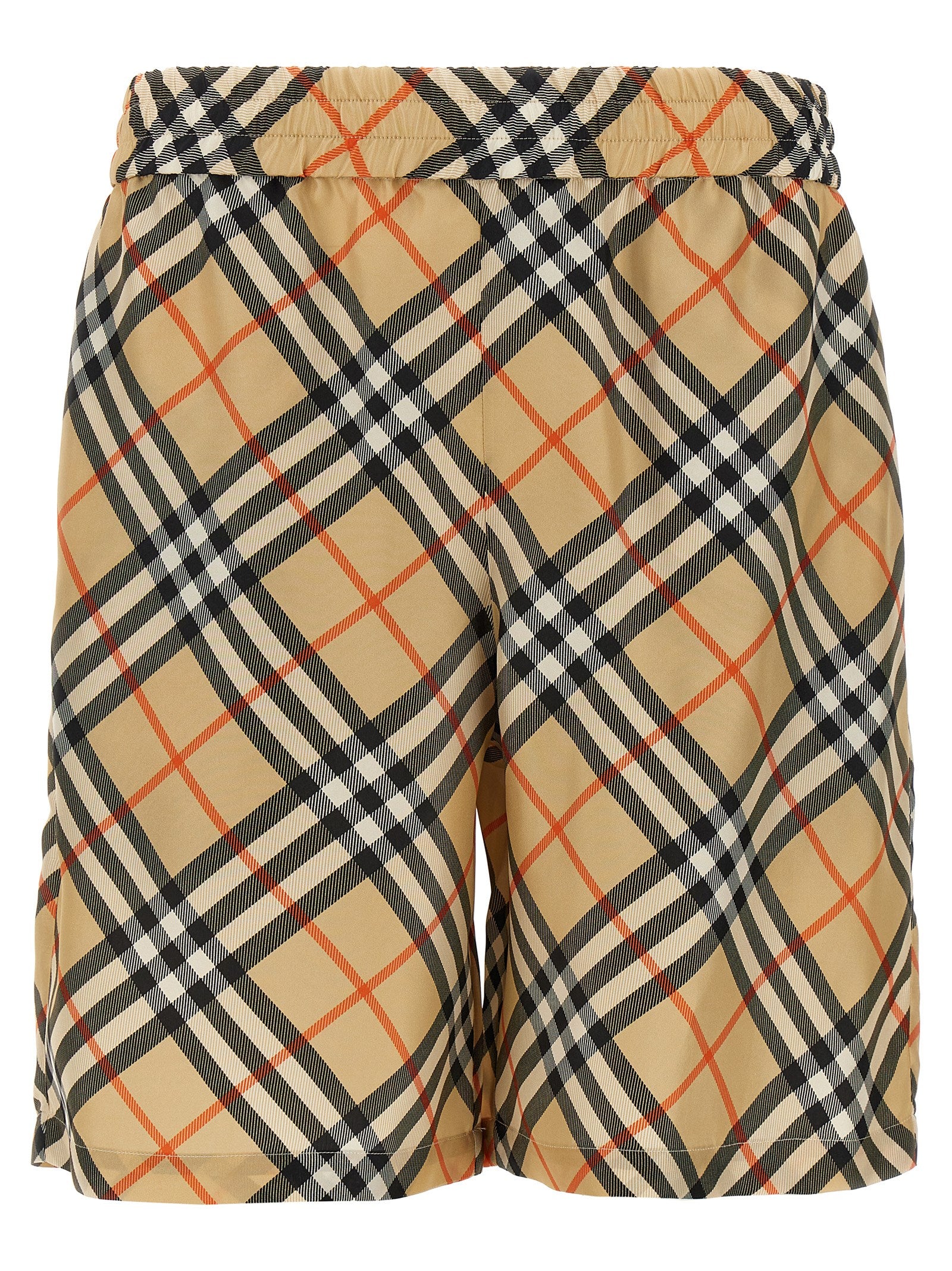 Indulge in the exquisite Burberry Beige Satin Bermuda Shorts, crafted from 100% mulberry silk, embodying effortless elegance and timeless sophistication for the discerning individual.