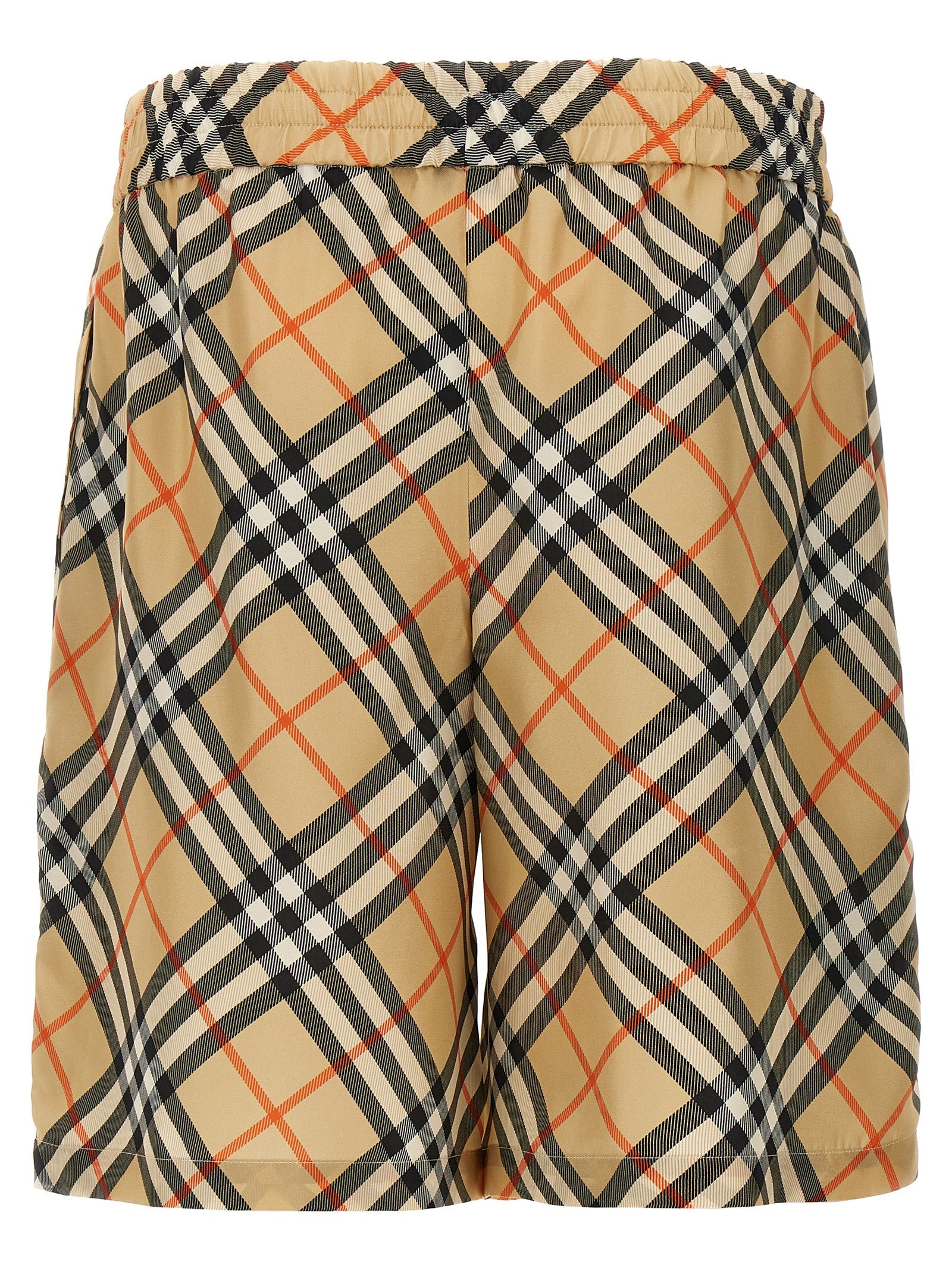 Discover the Burberry Beige Satin Bermuda Shorts, crafted from luxurious mulberry silk, embodying effortless elegance and refined style for the discerning individual.