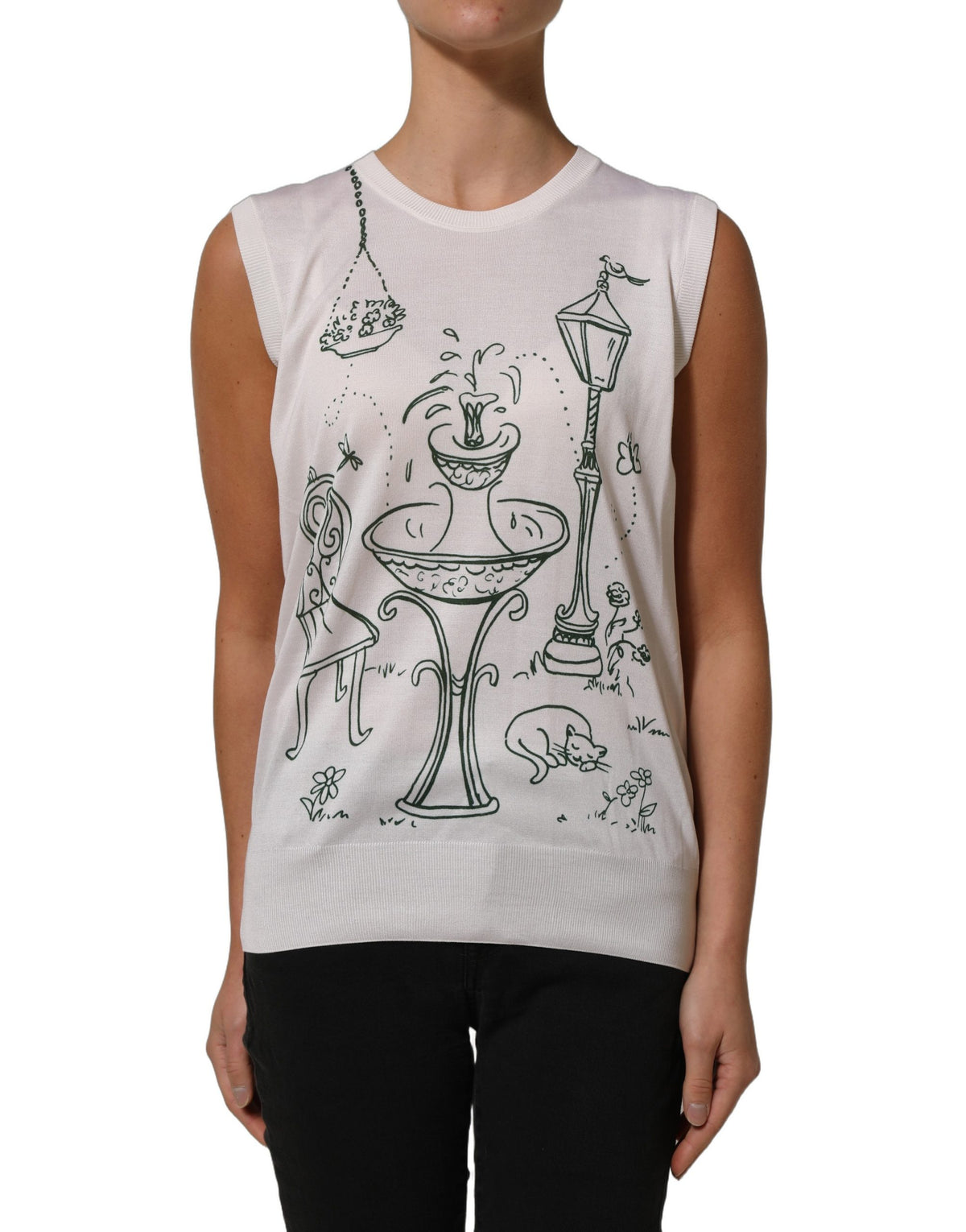 Elevate your wardrobe with the Dolce & Gabbana White Silk Knit Garden Fountain Print Tank Top, a luxurious blend of artistry and elegance, crafted in Italy from sumptuous silk.
