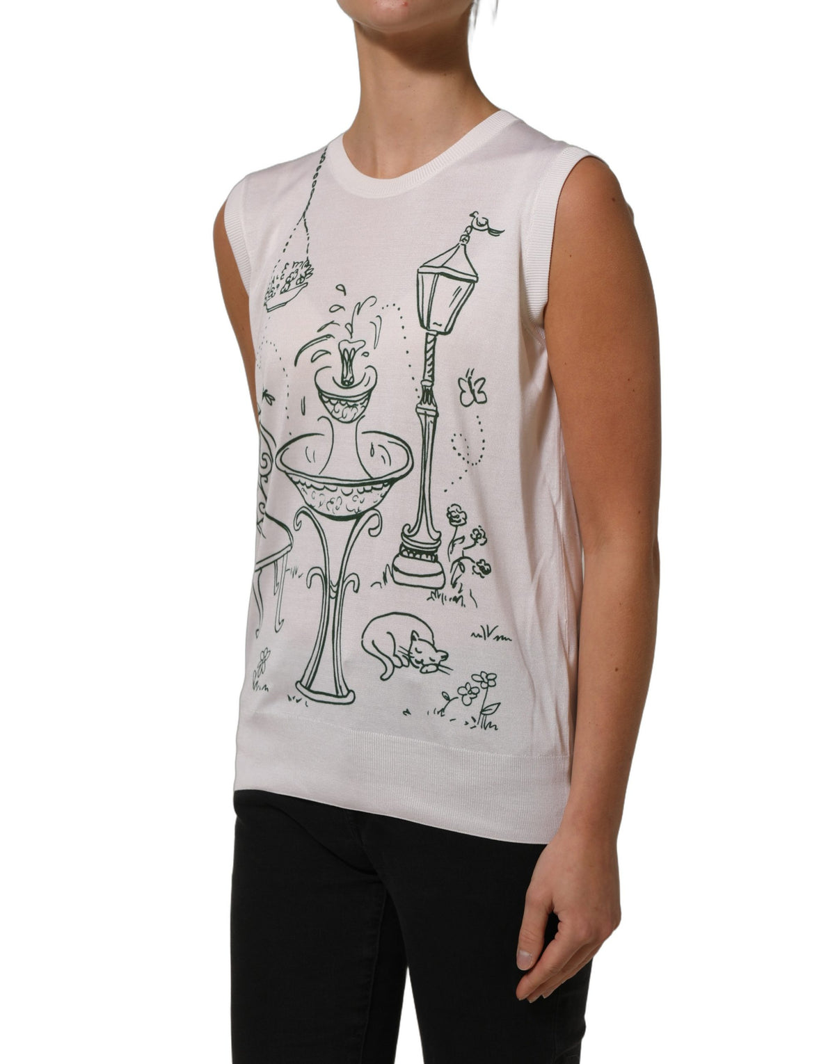 Indulge in the exquisite Dolce & Gabbana White Silk Knit Garden Fountain Print Tank Top, a masterpiece of Italian craftsmanship that embodies luxury and timeless elegance.