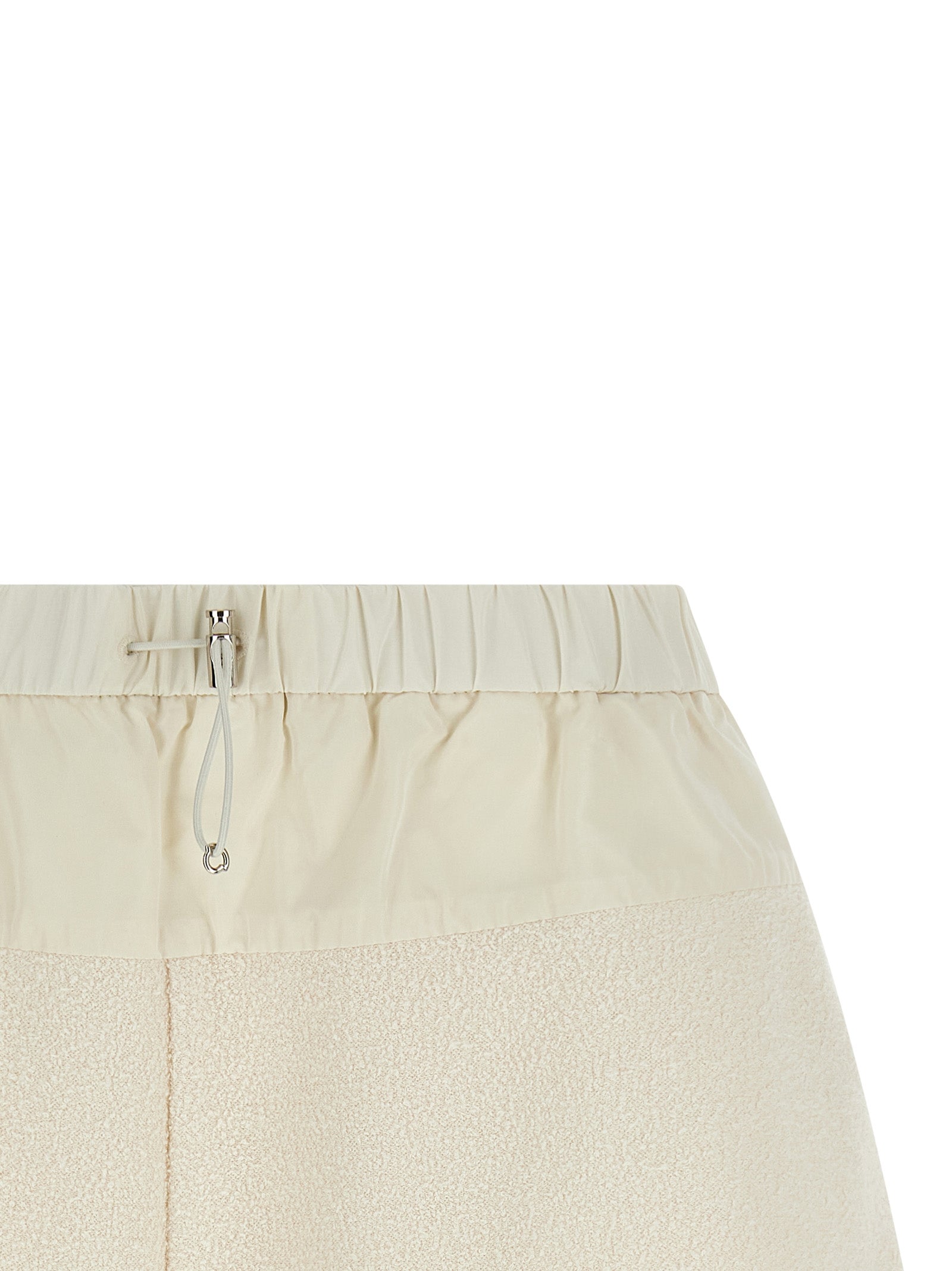 Elevate your wardrobe with Moncler White Polyester Bermuda Shorts, crafted from luxurious bouclé fabric, exuding effortless chic for discerning individuals.