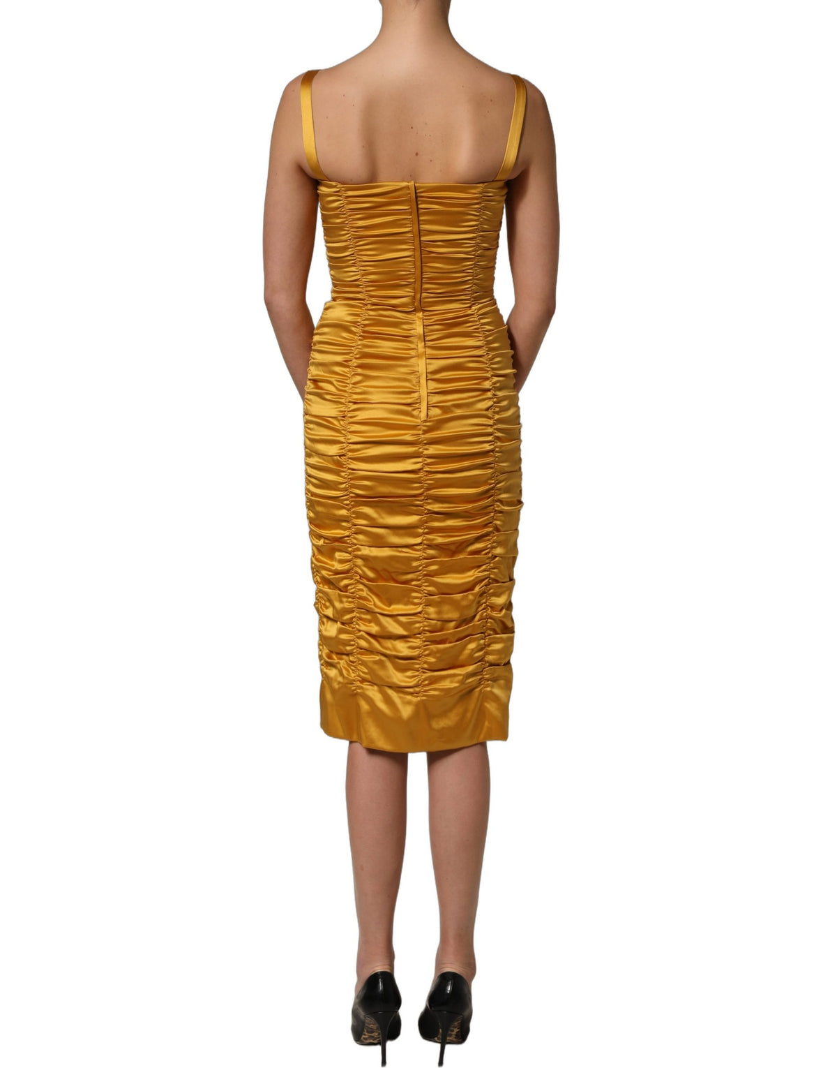 Dolce & Gabbana Gold Silk Ruched Bodycon Midi Dress - Luxury Elegance