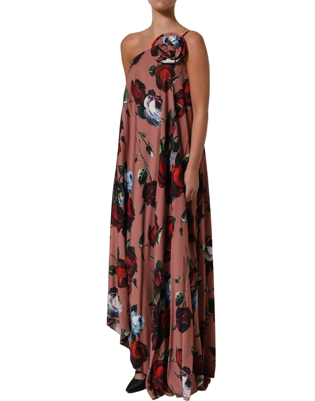Dolce & Gabbana Dusty Pink Silk Floral One-Shoulder Maxi Dress