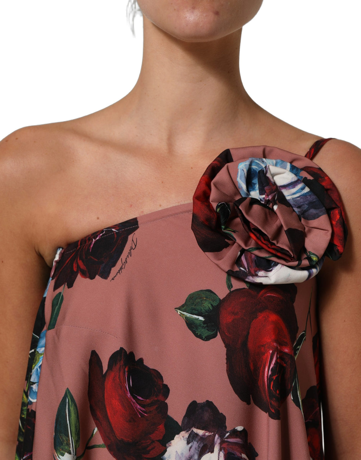Dolce & Gabbana Dusty Pink Silk Floral One-Shoulder Maxi Dress