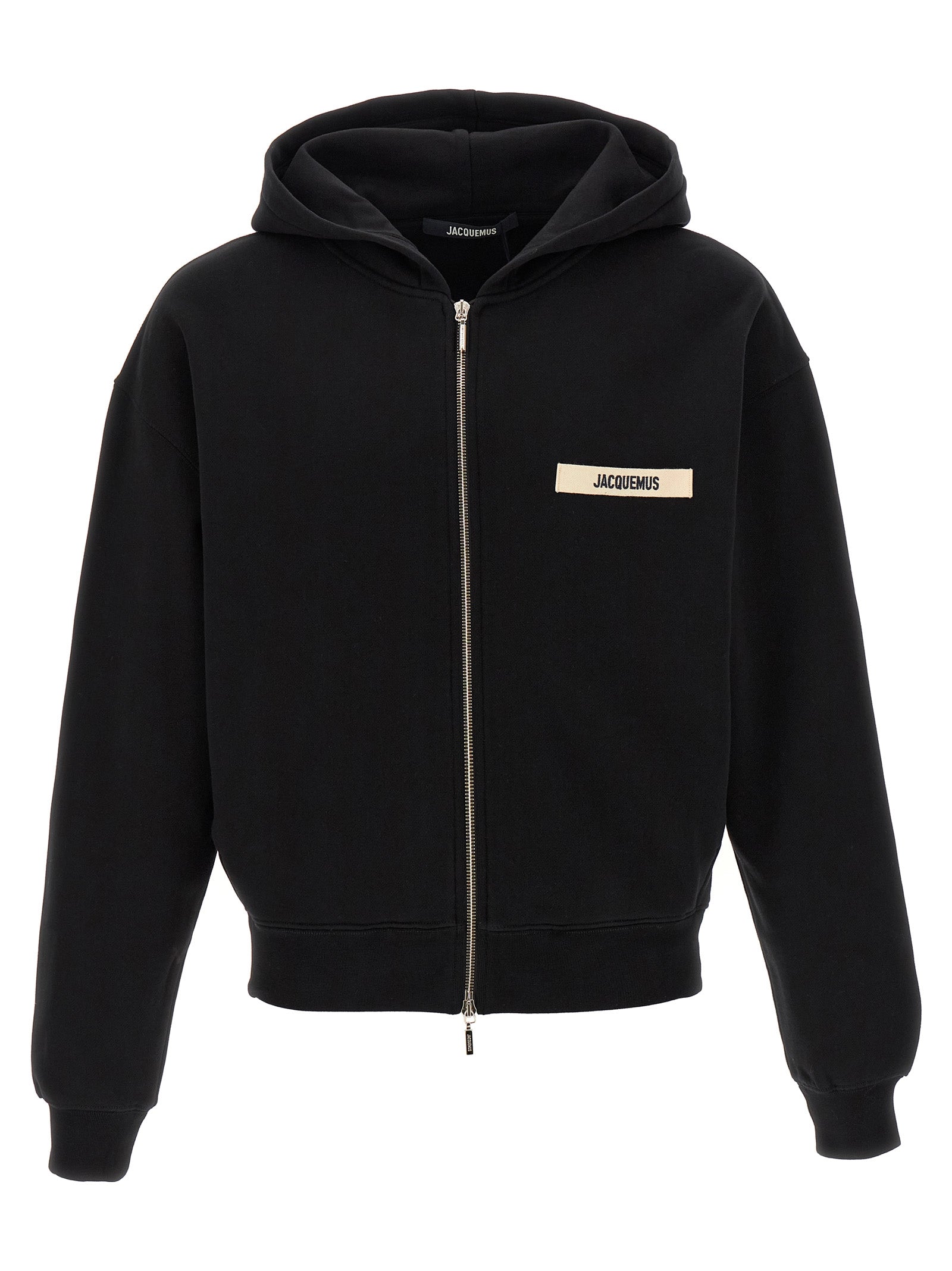 Indulge in the Jacquemus Black Cotton Sweatshirt, a luxurious blend of comfort and sophistication from the Le Hoodie Grip collection, crafted in Portugal for timeless elegance.