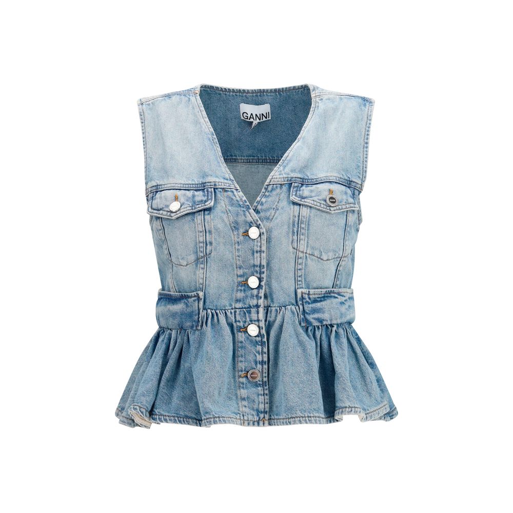 Discover the Ganni Blue Cotton Denim Jacket, a lightweight vest that embodies contemporary elegance with its peplum hem and feminine silhouette, perfect for any sophisticated wardrobe.