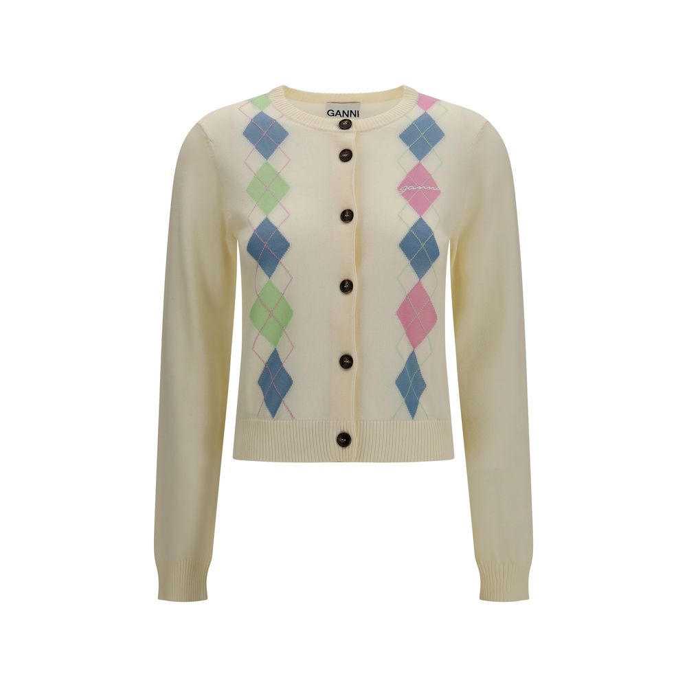 Ganni Beige Diamond-Pattern Cardigan - Timeless Luxury Style