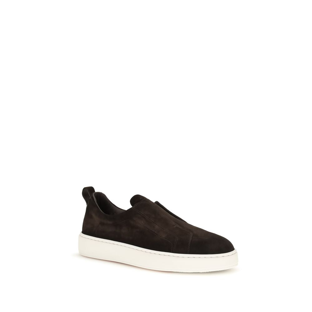 Santoni Brown Calf Leather Bos Taurus Sneakers - Luxury Footwear