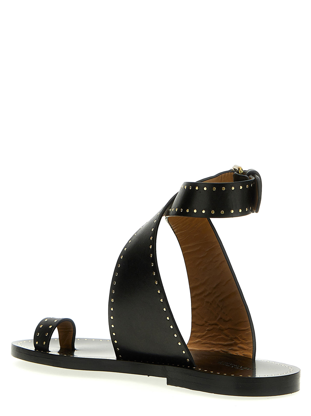 Elevate your style with Isabel Marant Black Calfskin Flat Sandals, where exquisite craftsmanship meets edgy sophistication, perfect for any occasion.