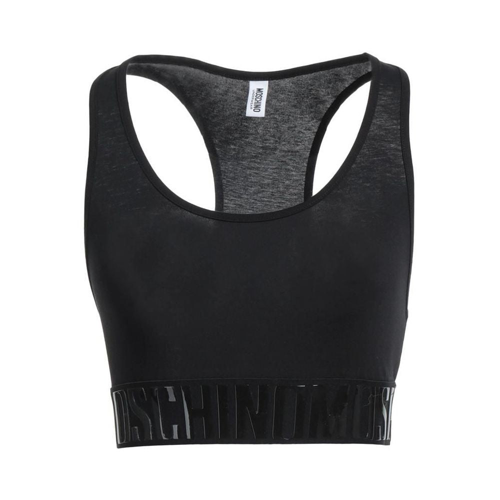 Elevate your activewear with the Moschino Black Cotton Sport Bra, crafted from luxurious cotton blend for unparalleled comfort and style, perfect for the modern connoisseur.