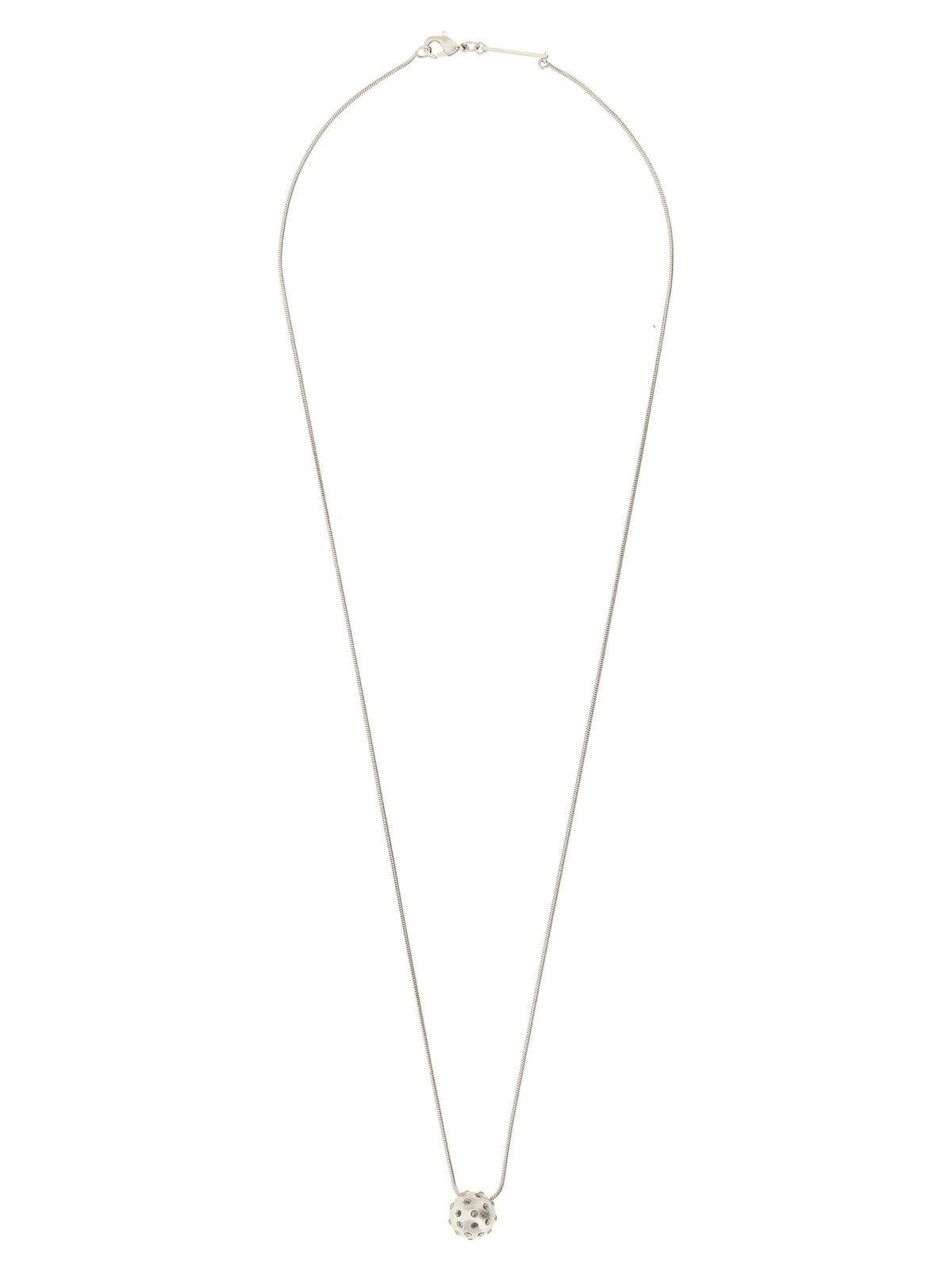 Discover the Rick Owens Silver Brass Necklace, a masterful blend of palladium-galvanized brass and a crystal pendant, embodying timeless elegance and modern sophistication.