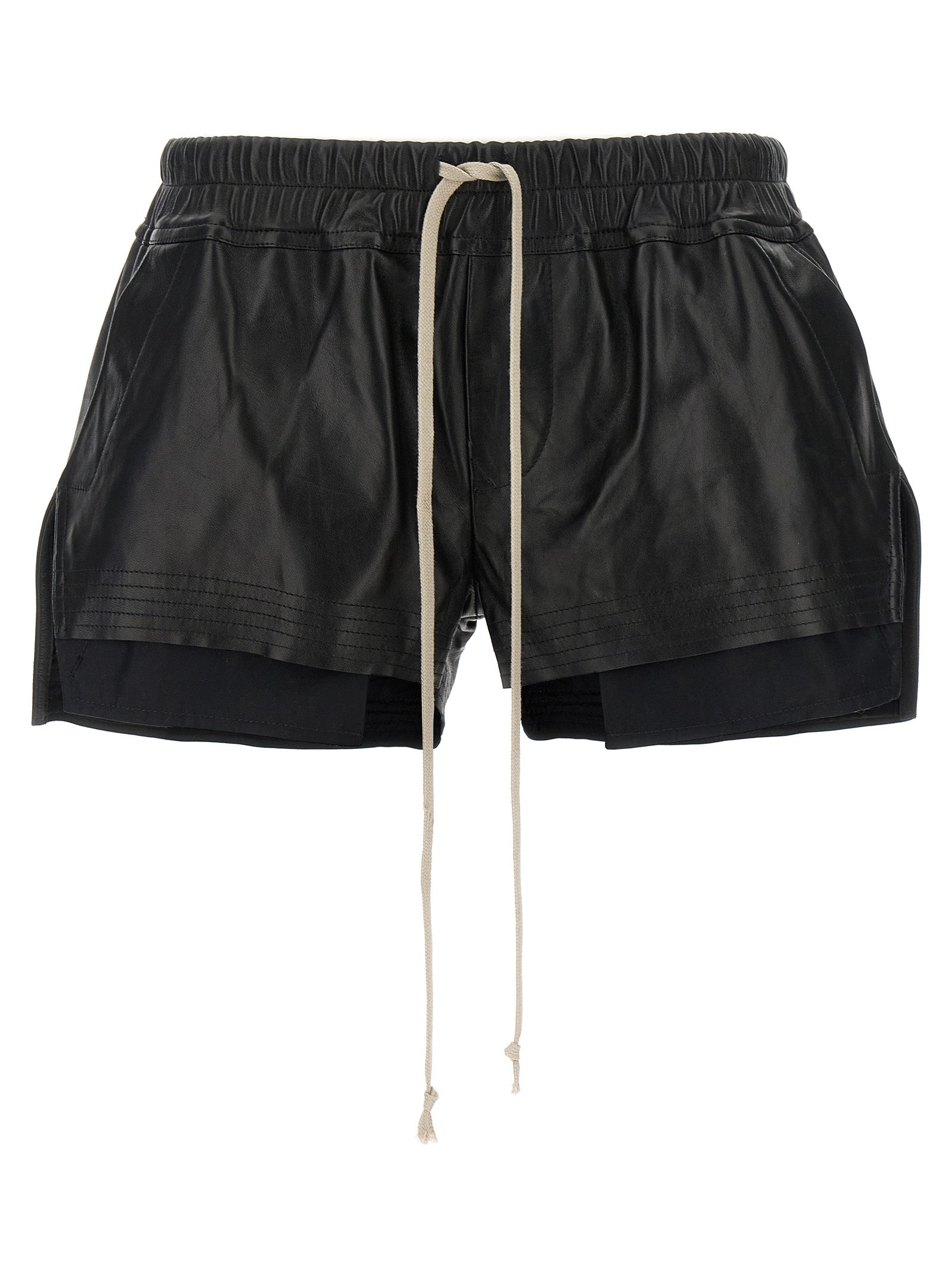 Elevate your wardrobe with Rick Owens Black Lamb Leather Bermuda Shorts from the Fog Boxers collection, a luxurious blend of artistry and comfort for the discerning fashionista.